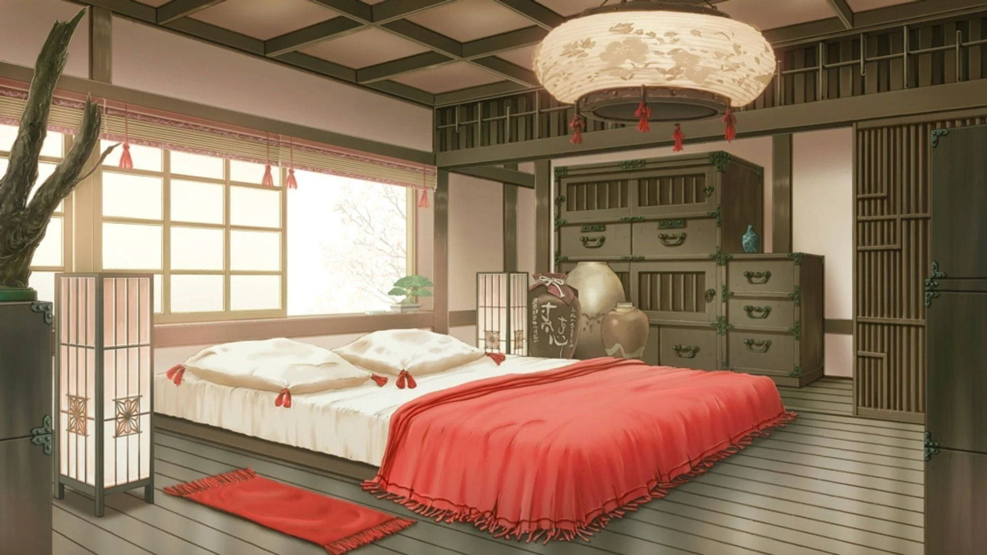 Japanese-style bedroom, red blanket, low bed, Full HD Desktop Wallpaper