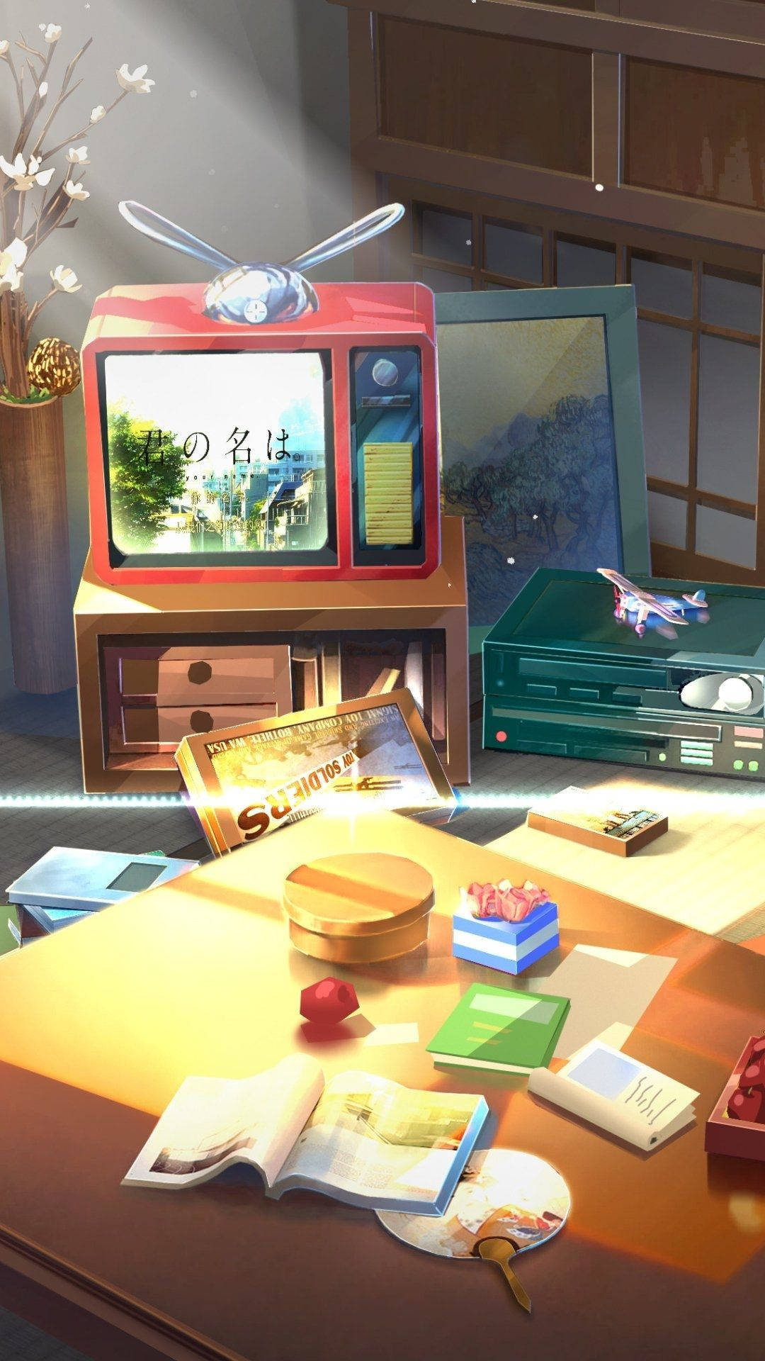 Anime Room, retro TV, serene village scene, Full HD Phone Wallpaper