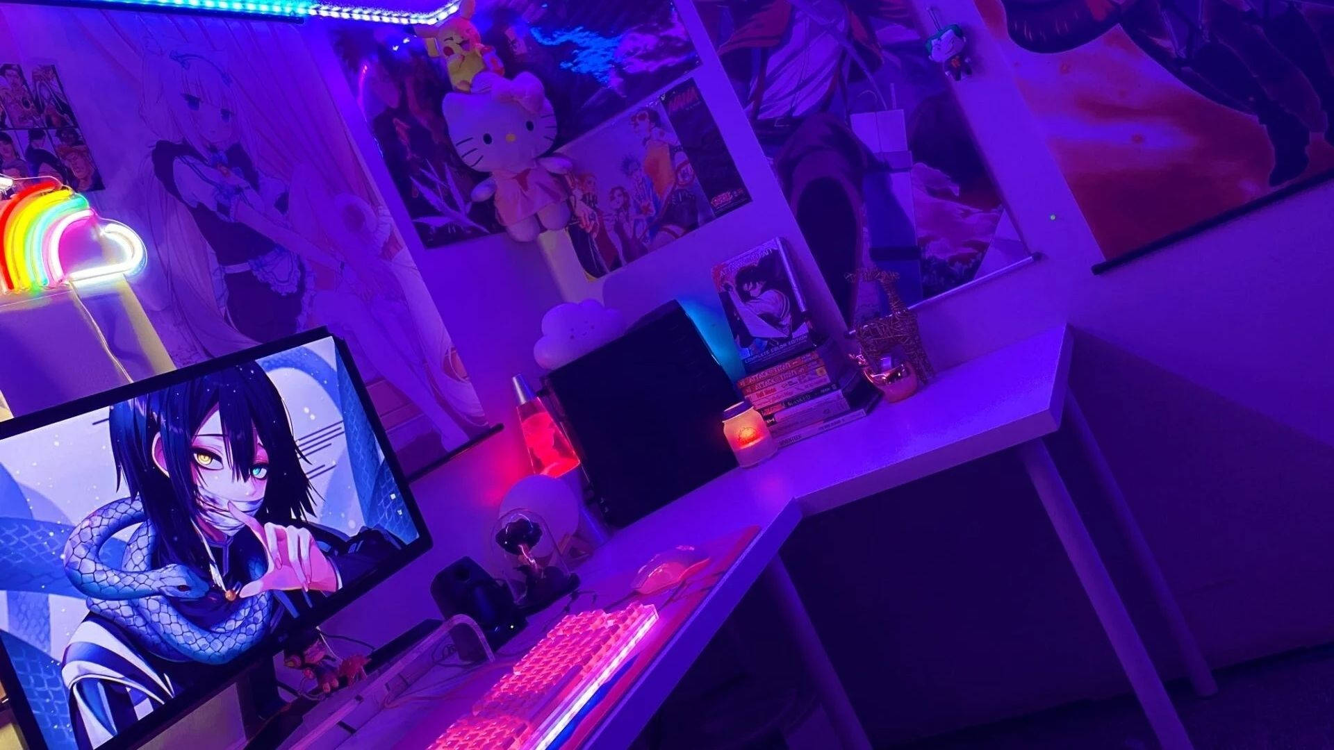 Anime Room, LED, vibrant purple lit, Full HD Desktop Wallpaper