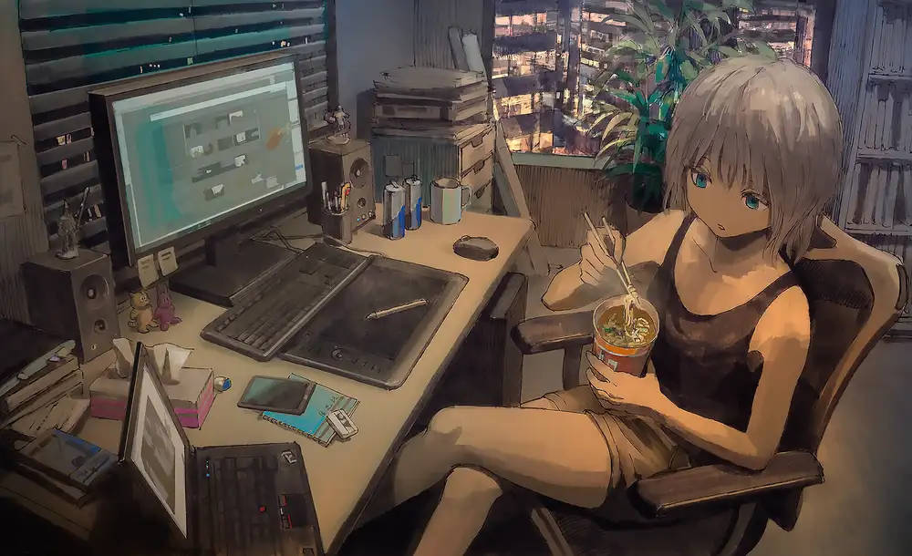 anime girl, silver-haired, instant noodles, SD Desktop Wallpaper