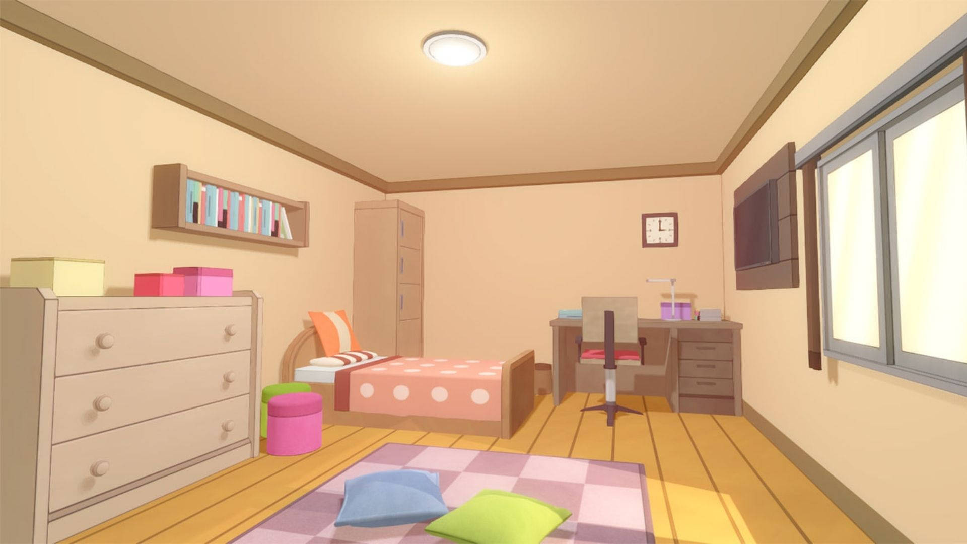 Anime Room, wooden floors, pastel furniture, Full HD Desktop Wallpaper