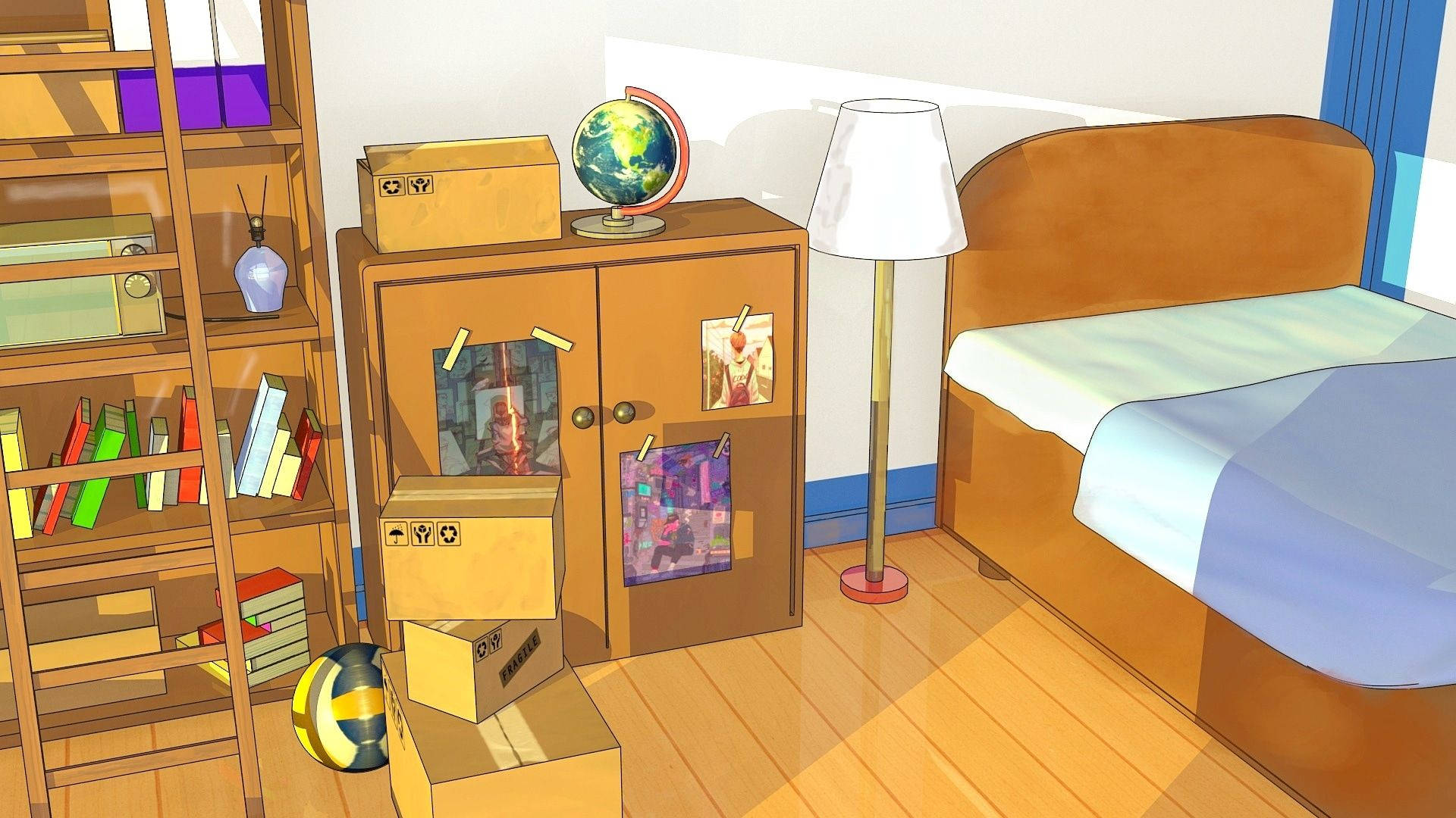 Anime Room, wooden furniture, books, Full HD Desktop Wallpaper