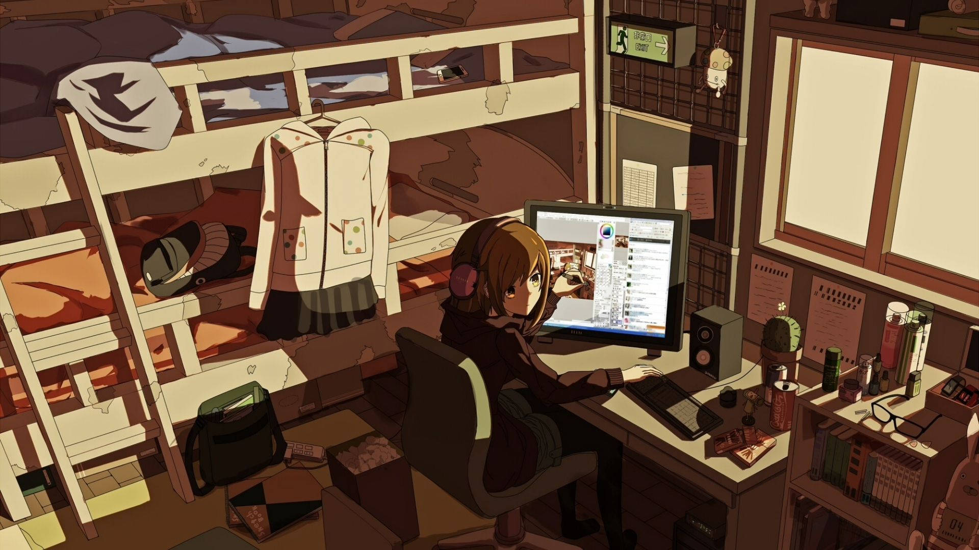 schoolgirl, anime room, brown hair, Full HD Desktop Wallpaper