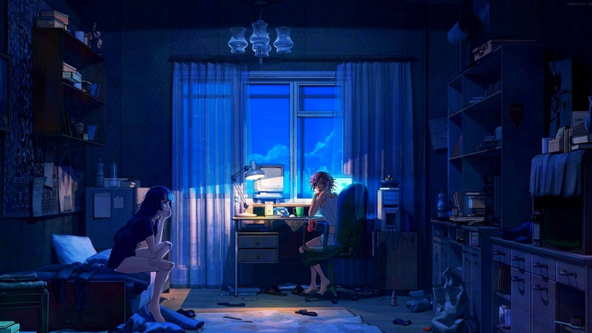 anime room, cluttered bedroom, night, Full HD Desktop Wallpaper