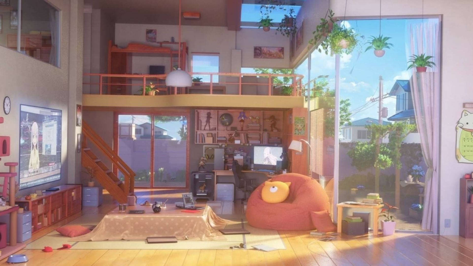 Anime Room, daylight, loft apartment, Full HD Desktop Wallpaper