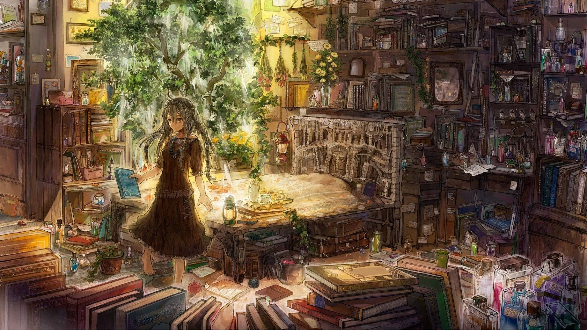 Library Anime Room, brown dress, cozy cluttered library, Full HD Desktop Wallpaper