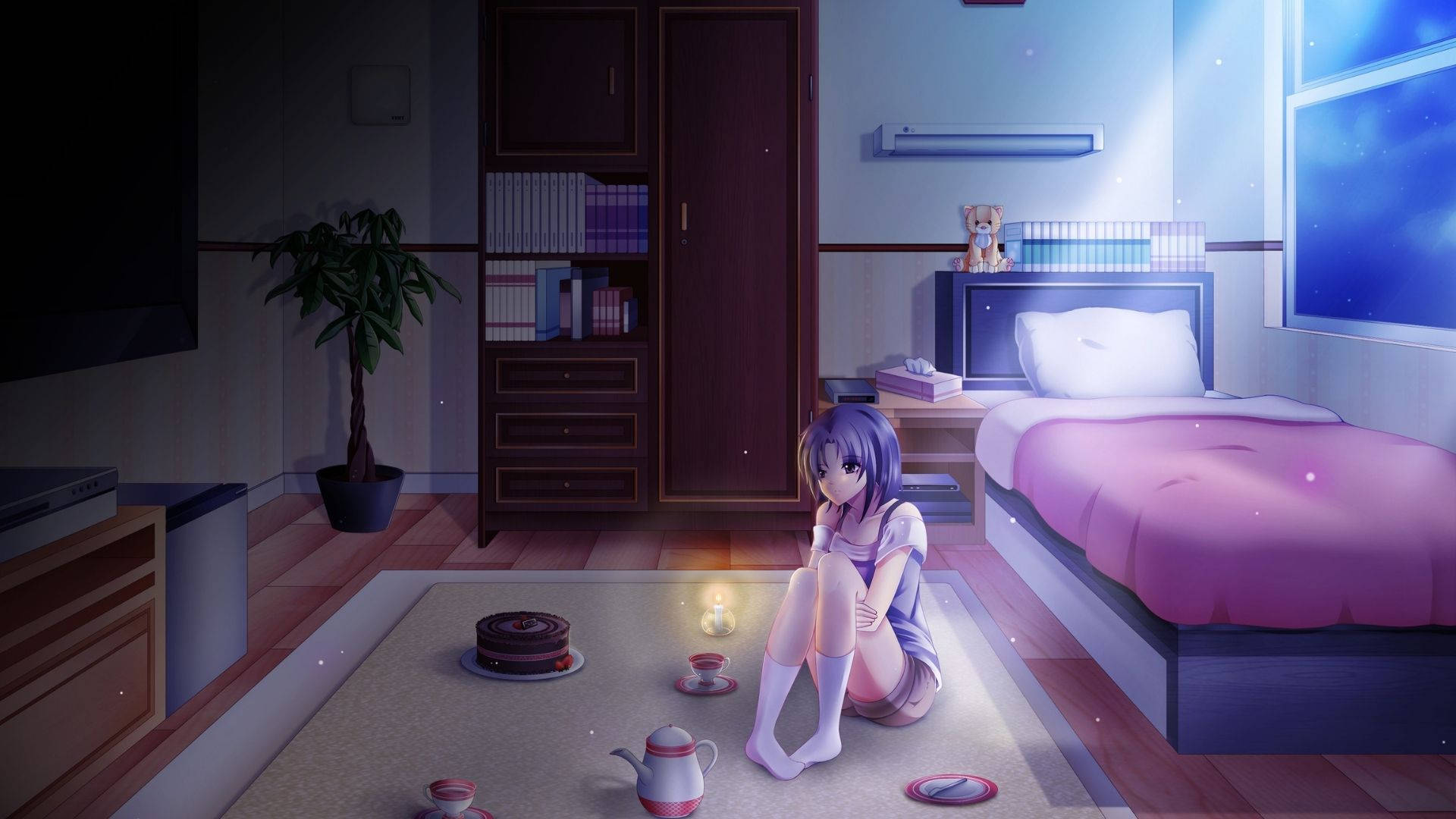 purple-haired anime girl, tatami mat, cozy bedroom, Full HD Desktop Wallpaper