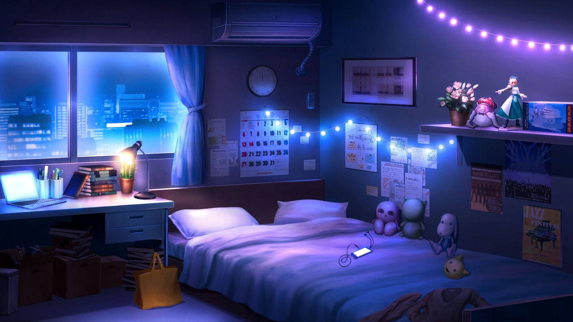 glowing anime room, blue string lights, anime-style bedroom, Full HD Desktop Wallpaper
