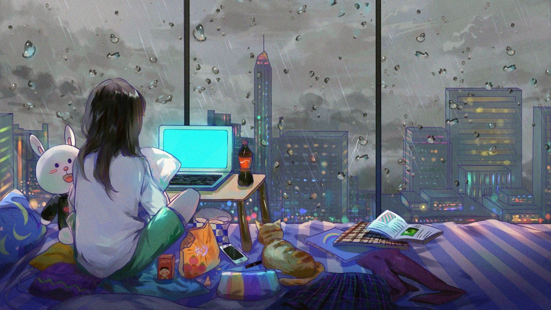 Anime Room, girl, bed, Full HD Desktop Wallpaper