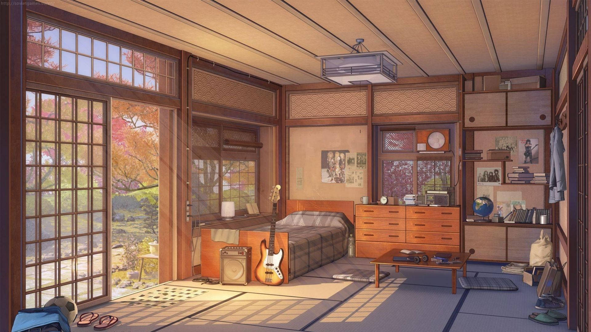 guitar, amplifier, wooden shoji doors, Full HD Desktop Wallpaper