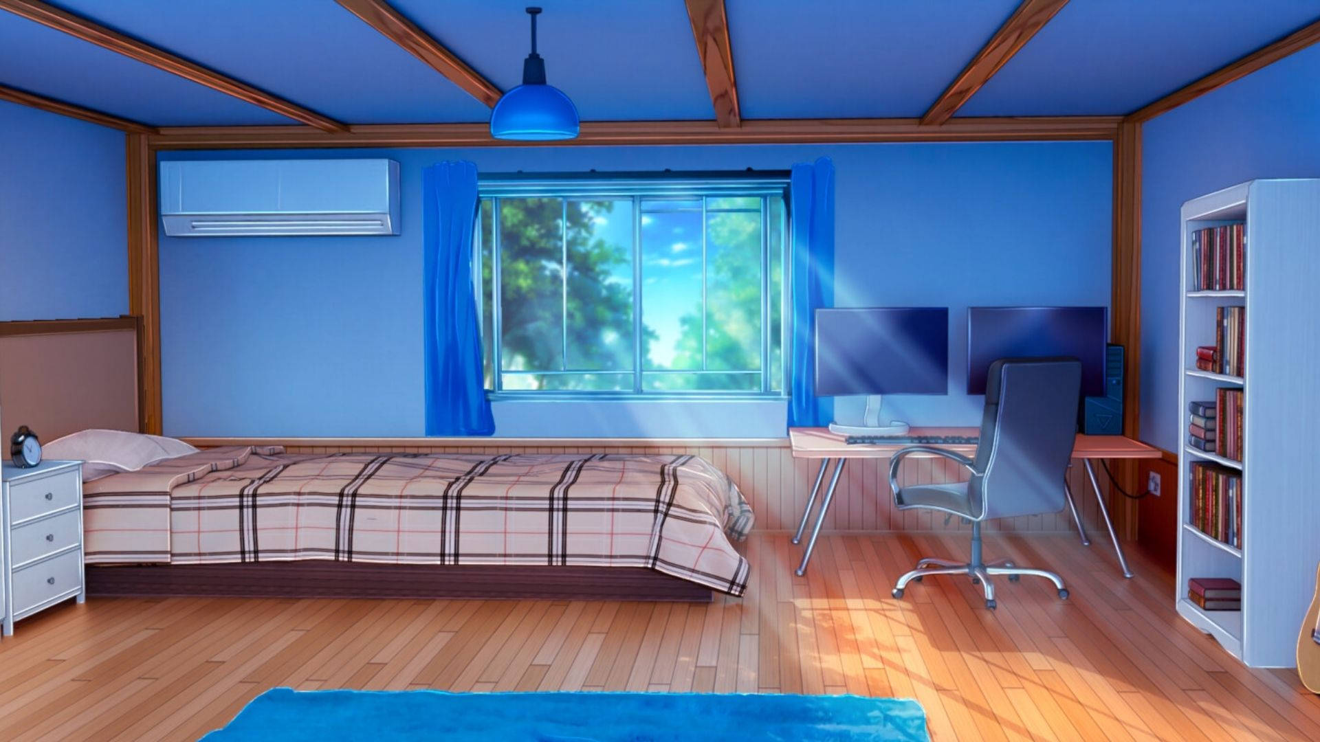 Anime Room, sun rays, blue bedroom, Full HD Desktop Wallpaper