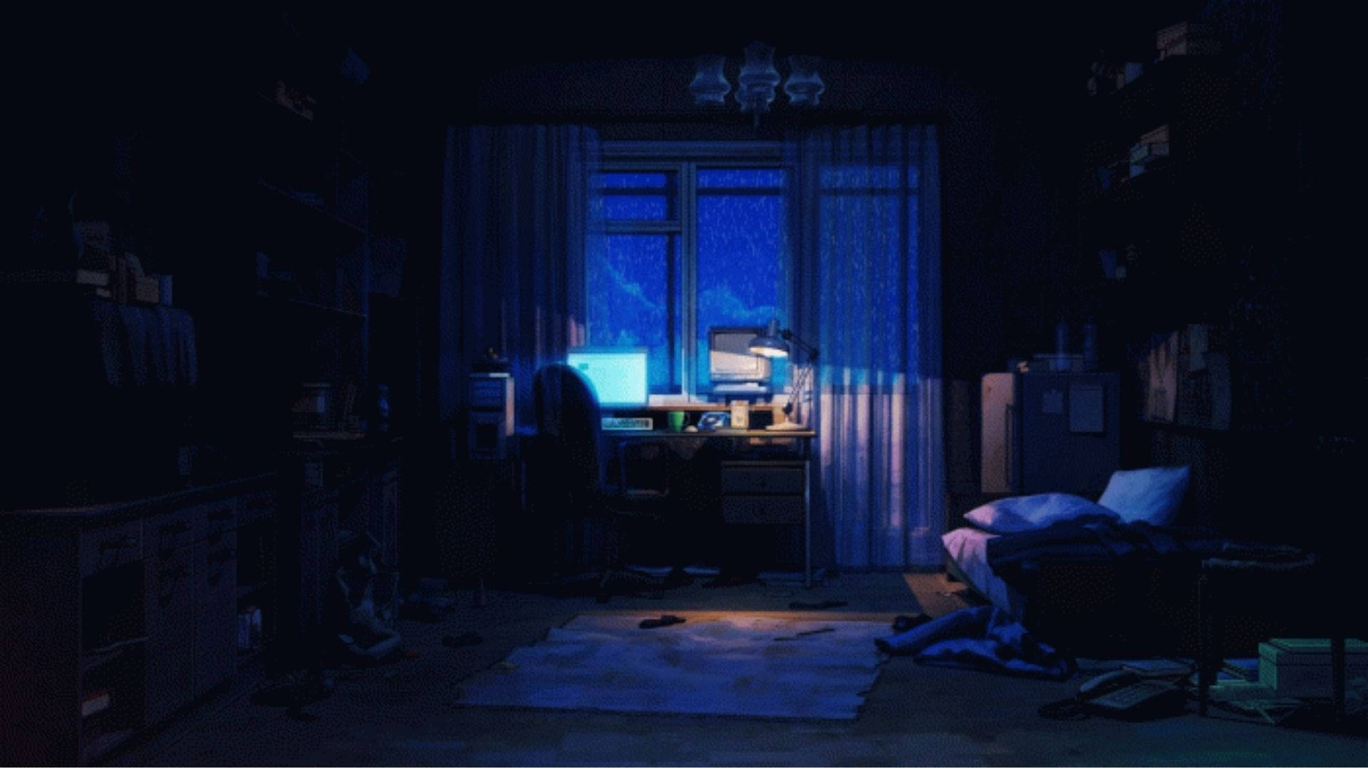 Filthy Anime Room, blue glow, computer screen, Full HD Desktop Wallpaper