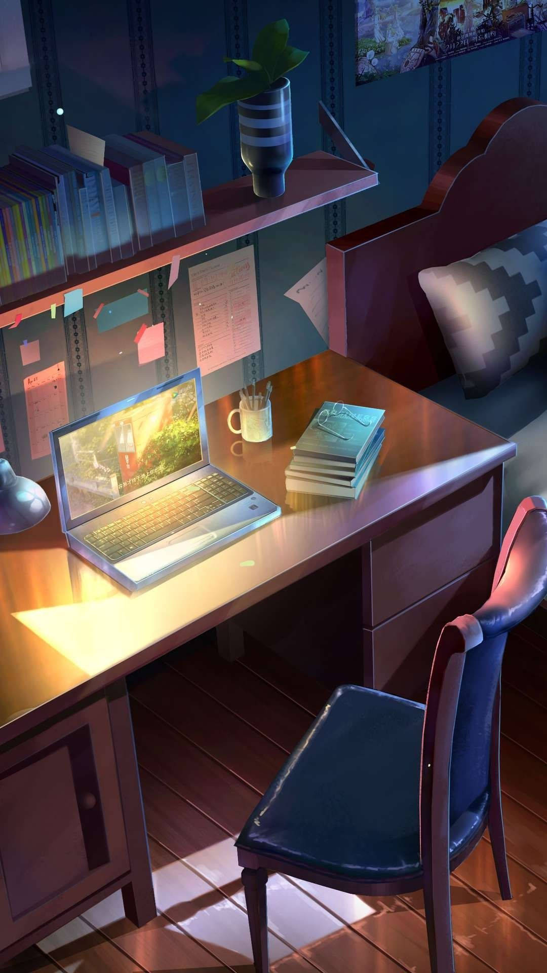 Anime Room, study table, glowing laptop, Full HD Phone Wallpaper