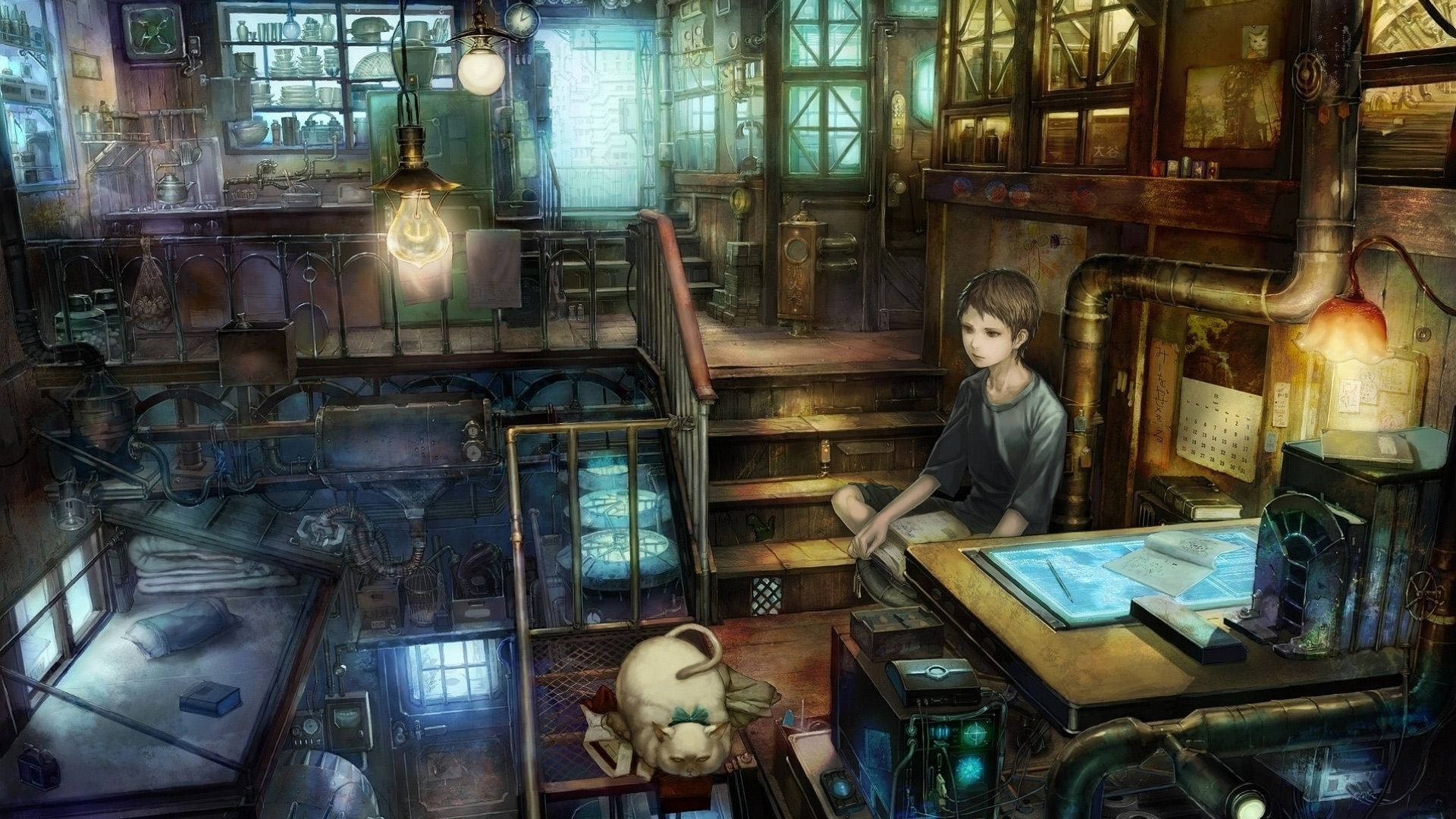 underground anime room, steampunk-style workshop, glowing blue machinery, Full HD Desktop Wallpaper