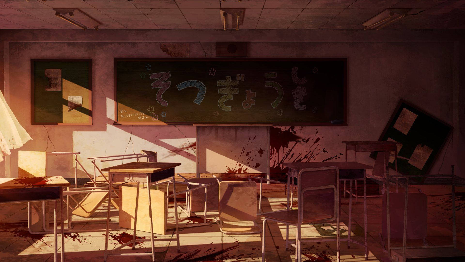Serene Anime Highschool Courtyard, abandoned classroom, overturned desks, Full HD Desktop Wallpaper