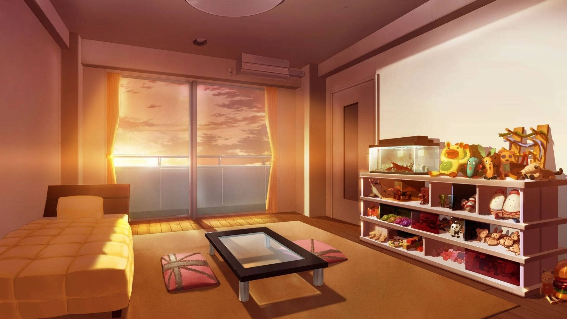 Anime Room, sunset, sliding glass doors, Full HD Desktop Wallpaper
