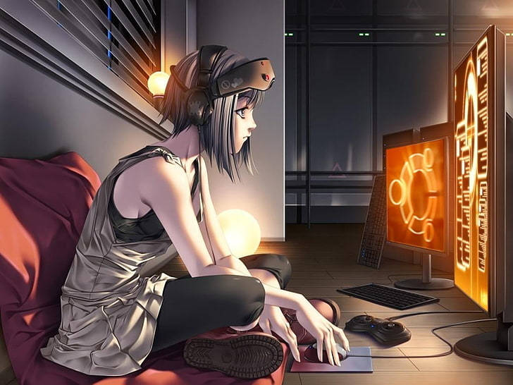 anime girl, headphones, red couch, SD Desktop Wallpaper
