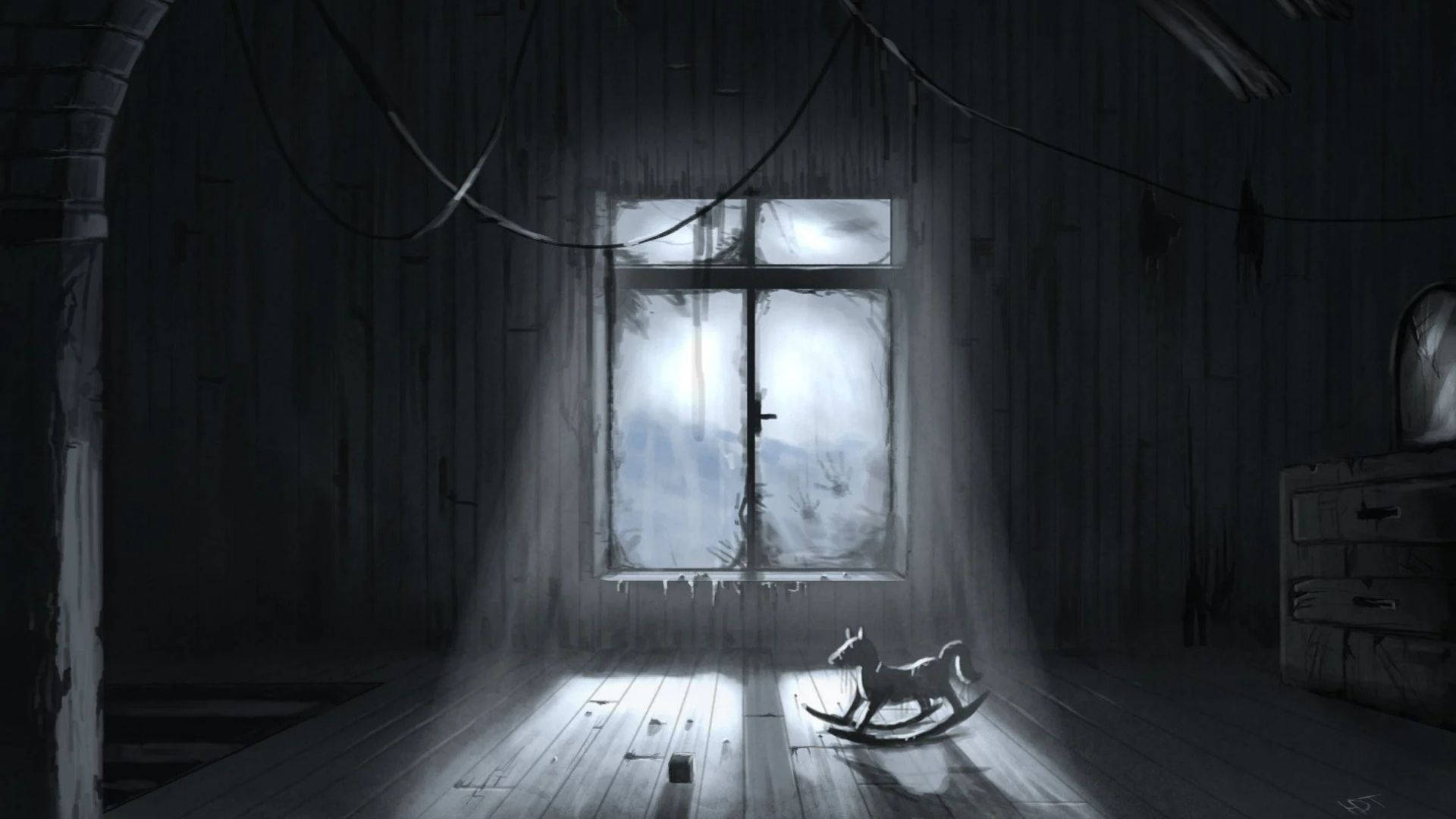 abandoned anime room, rocking horse, dim abandoned room, Full HD Desktop Wallpaper