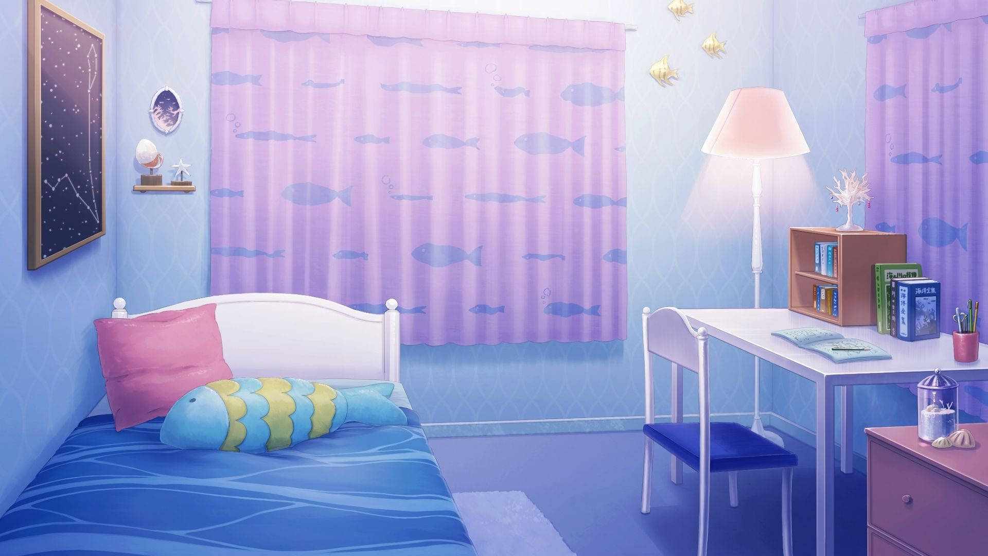 Sea Theme Anime Room, blue walls, fish curtains, Full HD Desktop Wallpaper