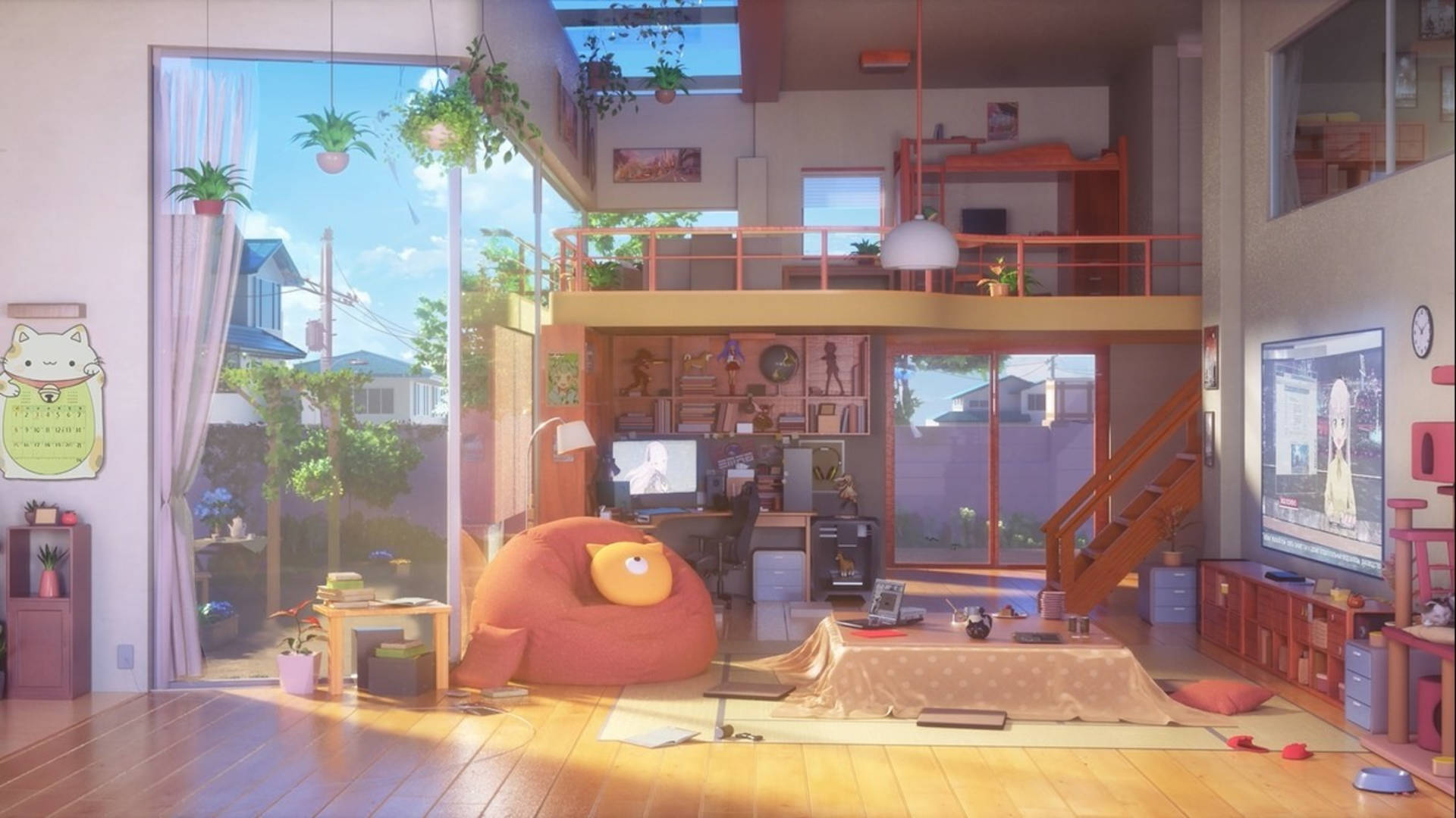 anime loft type living room, warm wood floors, hanging plants, Full HD Desktop Wallpaper