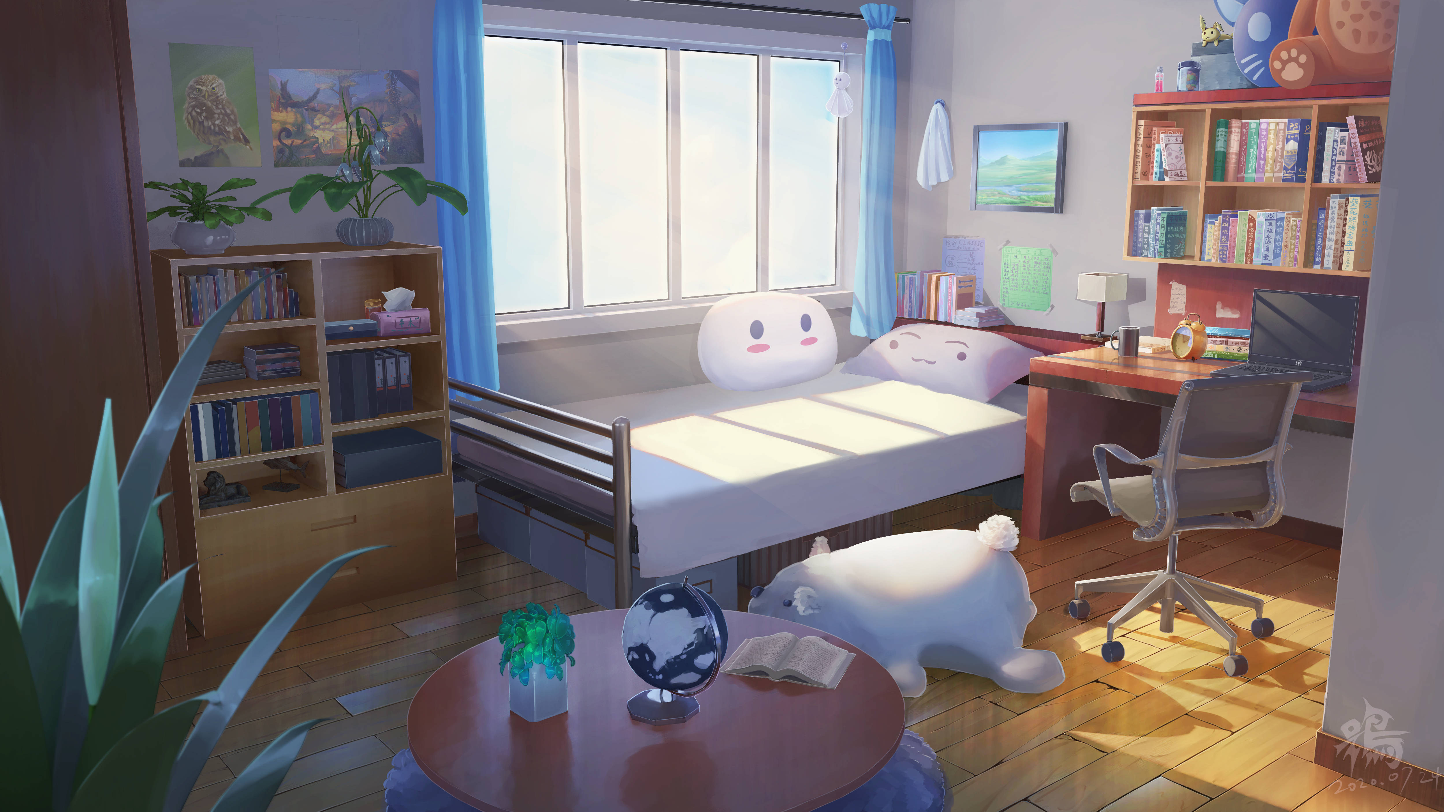 wooden floor, anime bedroom, sunlight, 4K Desktop Wallpaper