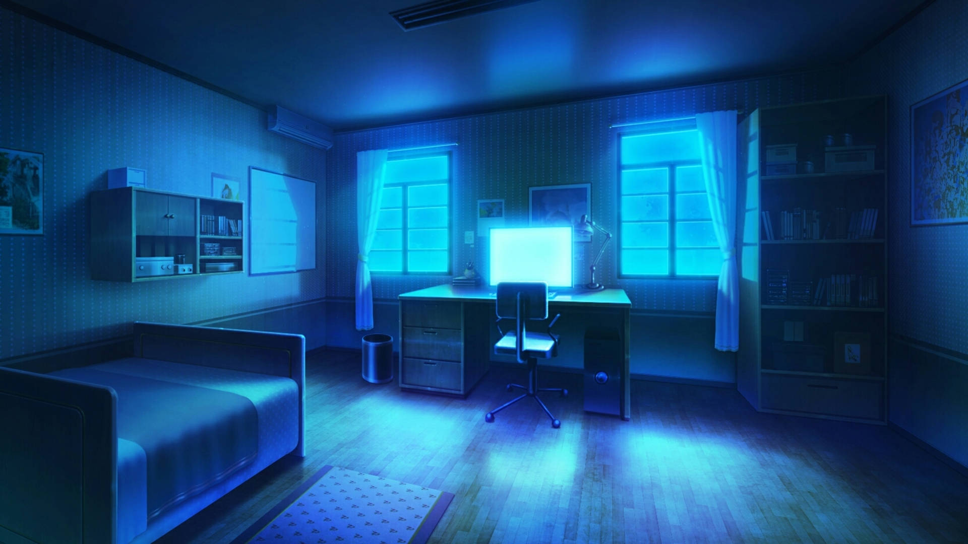 blue anime bedroom, cool blue glow, glowing computer monitor, Full HD Desktop Wallpaper
