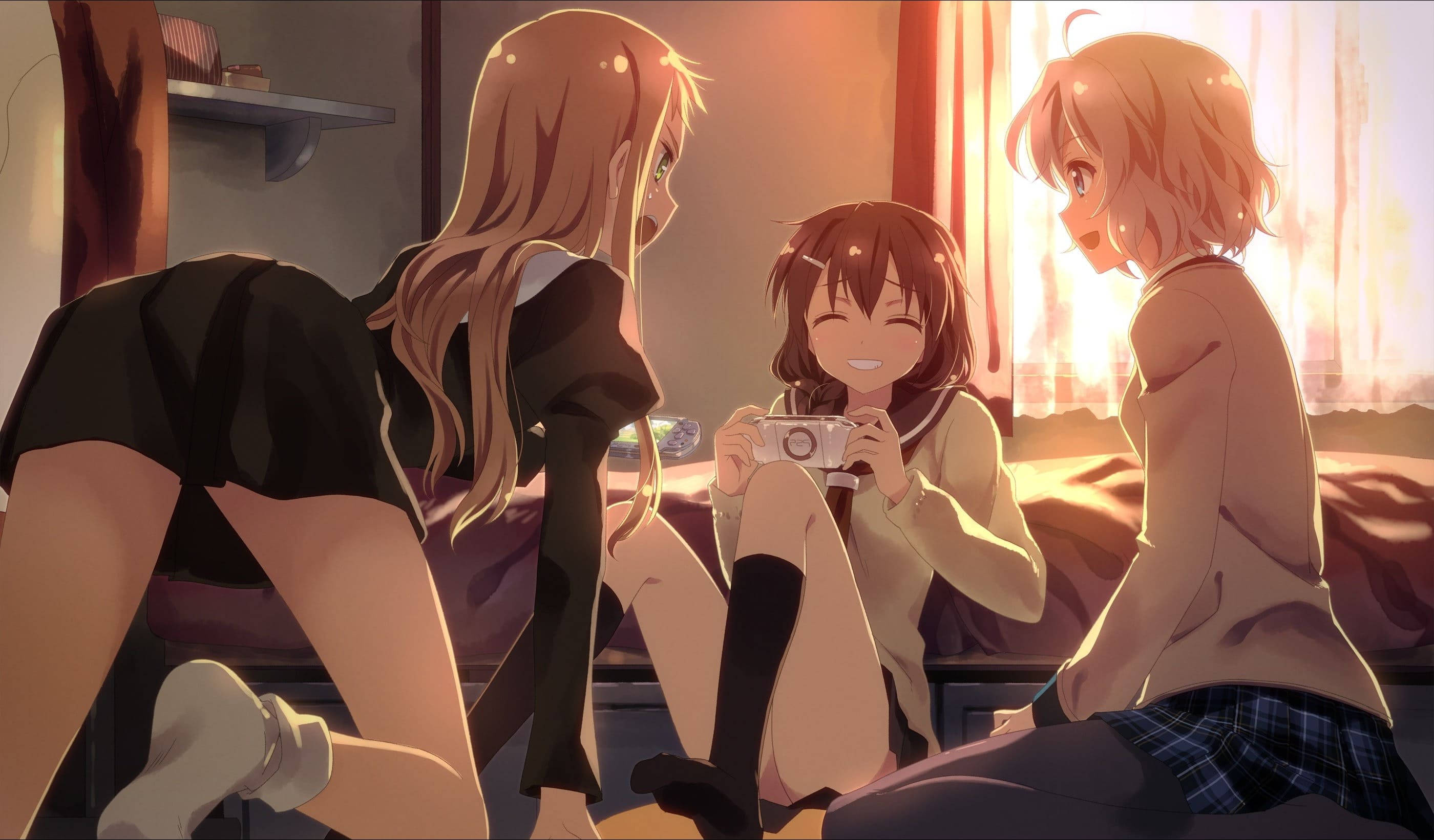 anime girls, bedroom, golden-lit, 2K Desktop Wallpaper