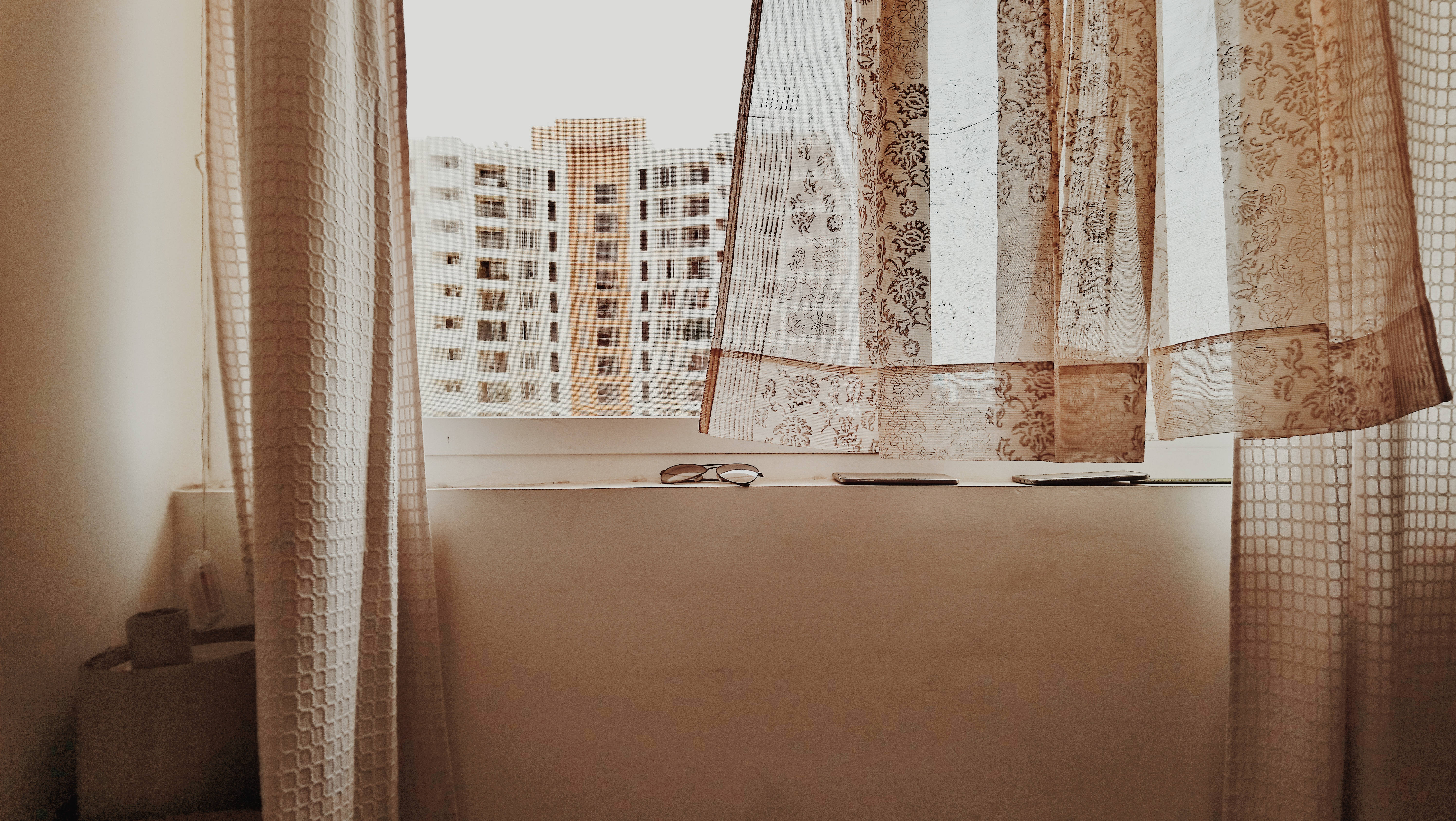 Tranquil Anime Night in the City, soft beige curtains, window, 5K Desktop Wallpaper