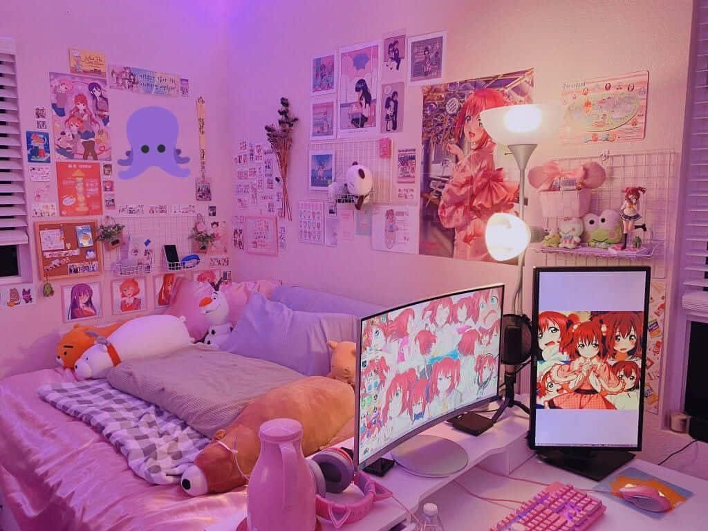 cozy anime gamer room setup, pink light, plush toys, SD Desktop Wallpaper