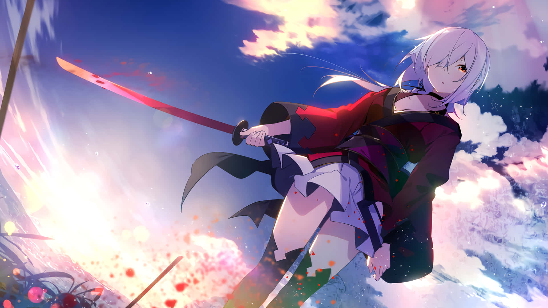 silver-haired anime warrior, glowing red sword, pink clouds, Full HD Desktop Wallpaper