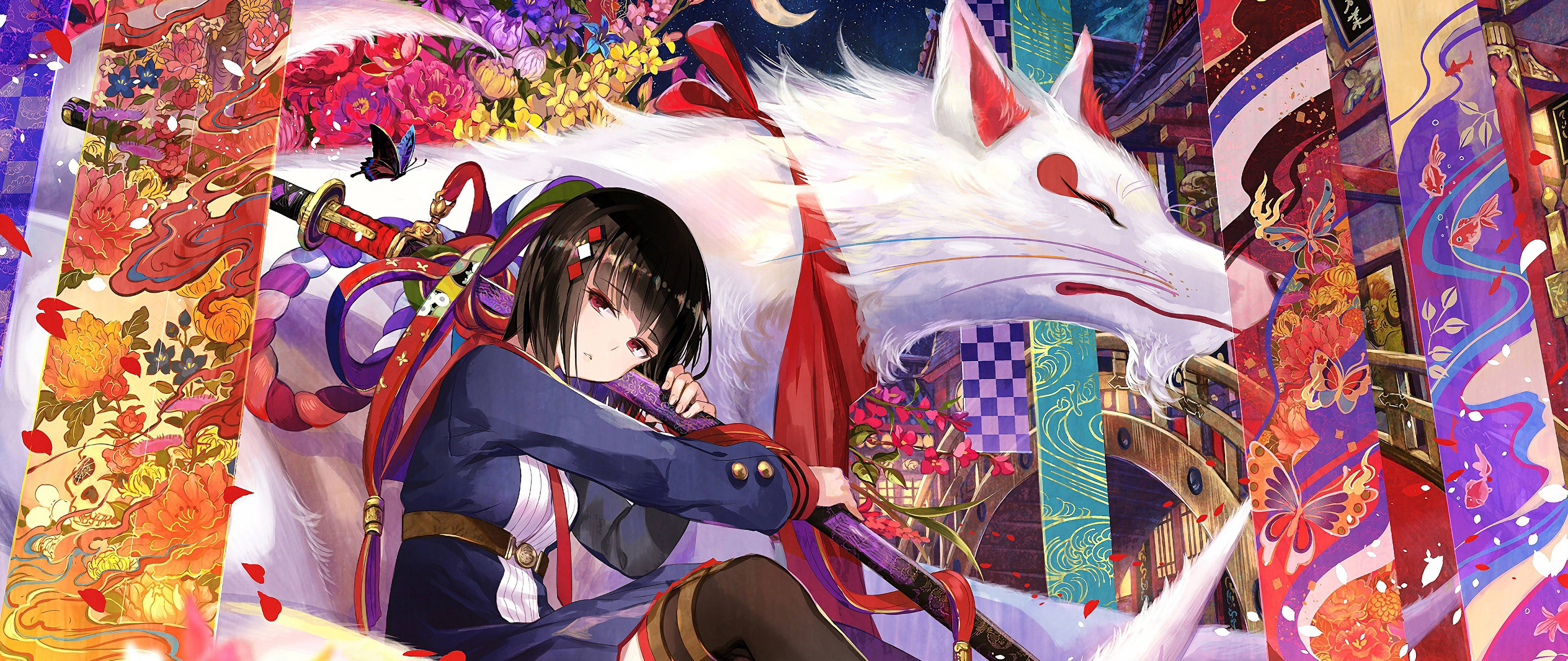 anime samurai, young anime girl, sword, 5K Desktop Wallpaper