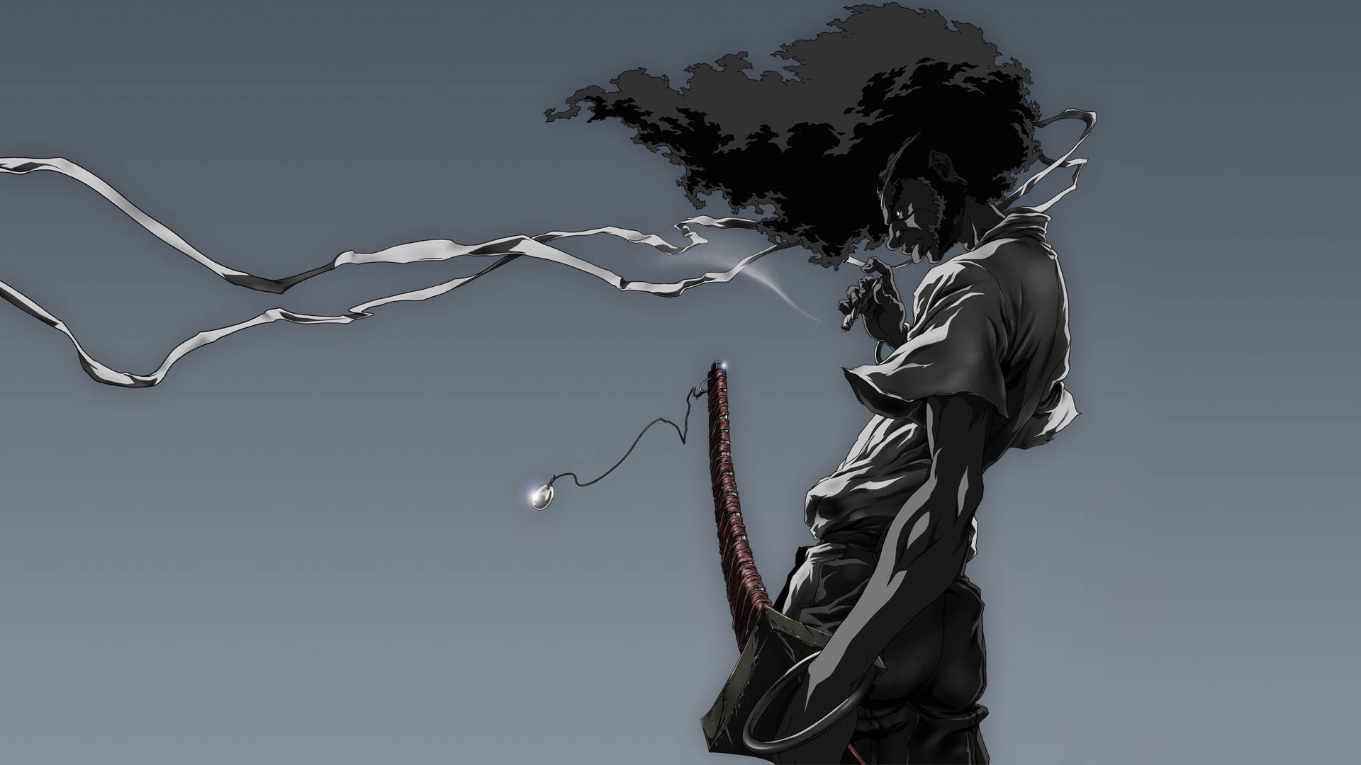 Anime Samurai, wild black hair, flowing white ribbons, Full HD Desktop Wallpaper