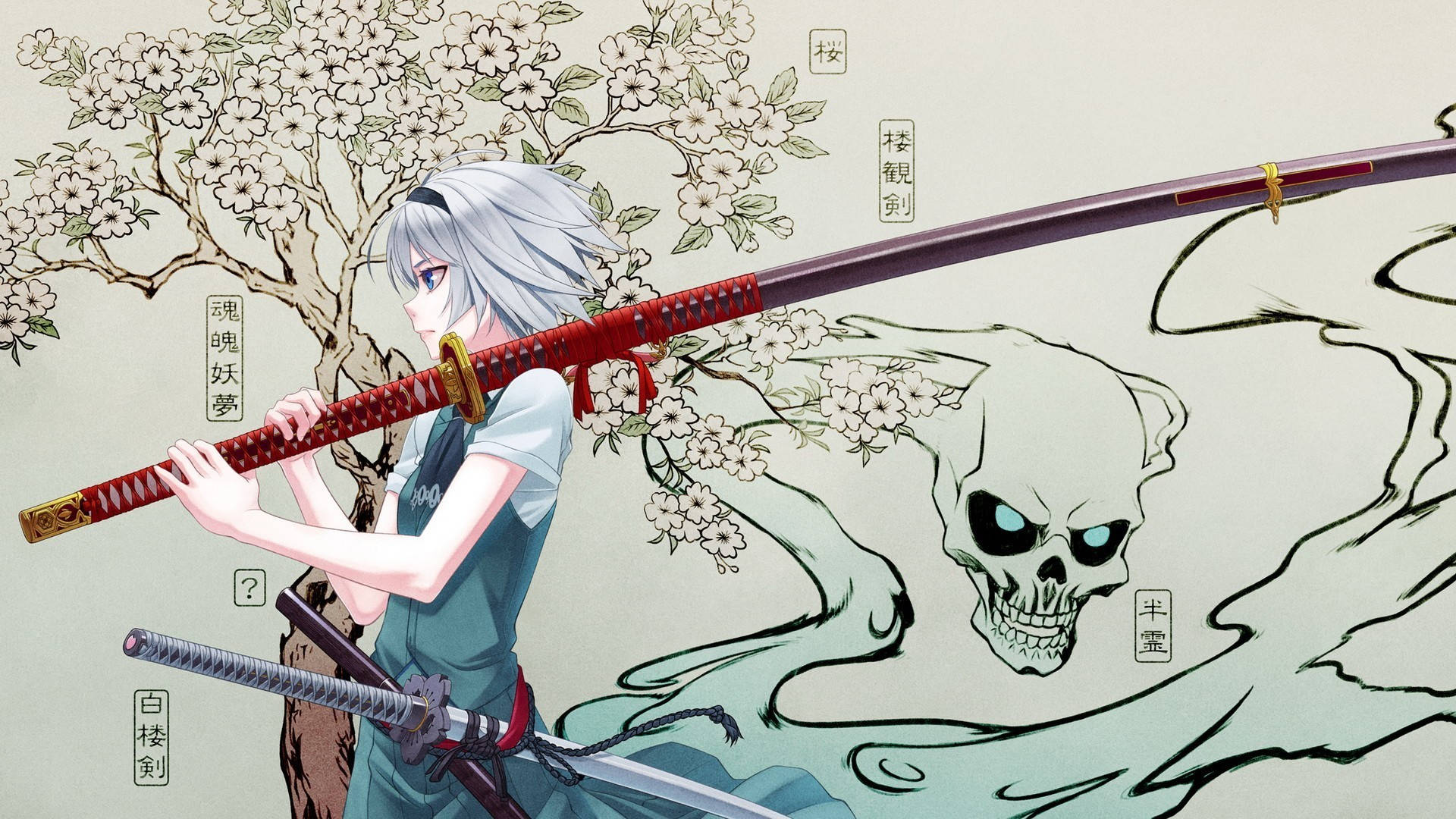anime samurai, silver-haired anime girl, red katana, Full HD Desktop Wallpaper