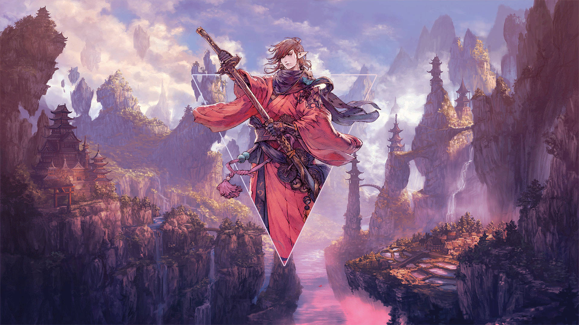 Anime Samurai, red robes, sword, Full HD Desktop Wallpaper