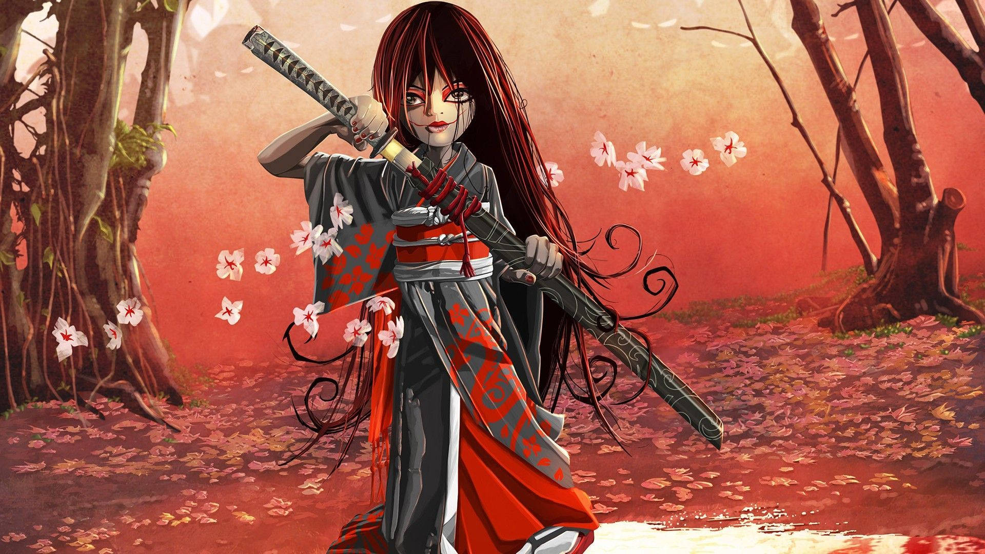 anime samurai, red-haired anime warrior, red and black kimono, Full HD Desktop Wallpaper