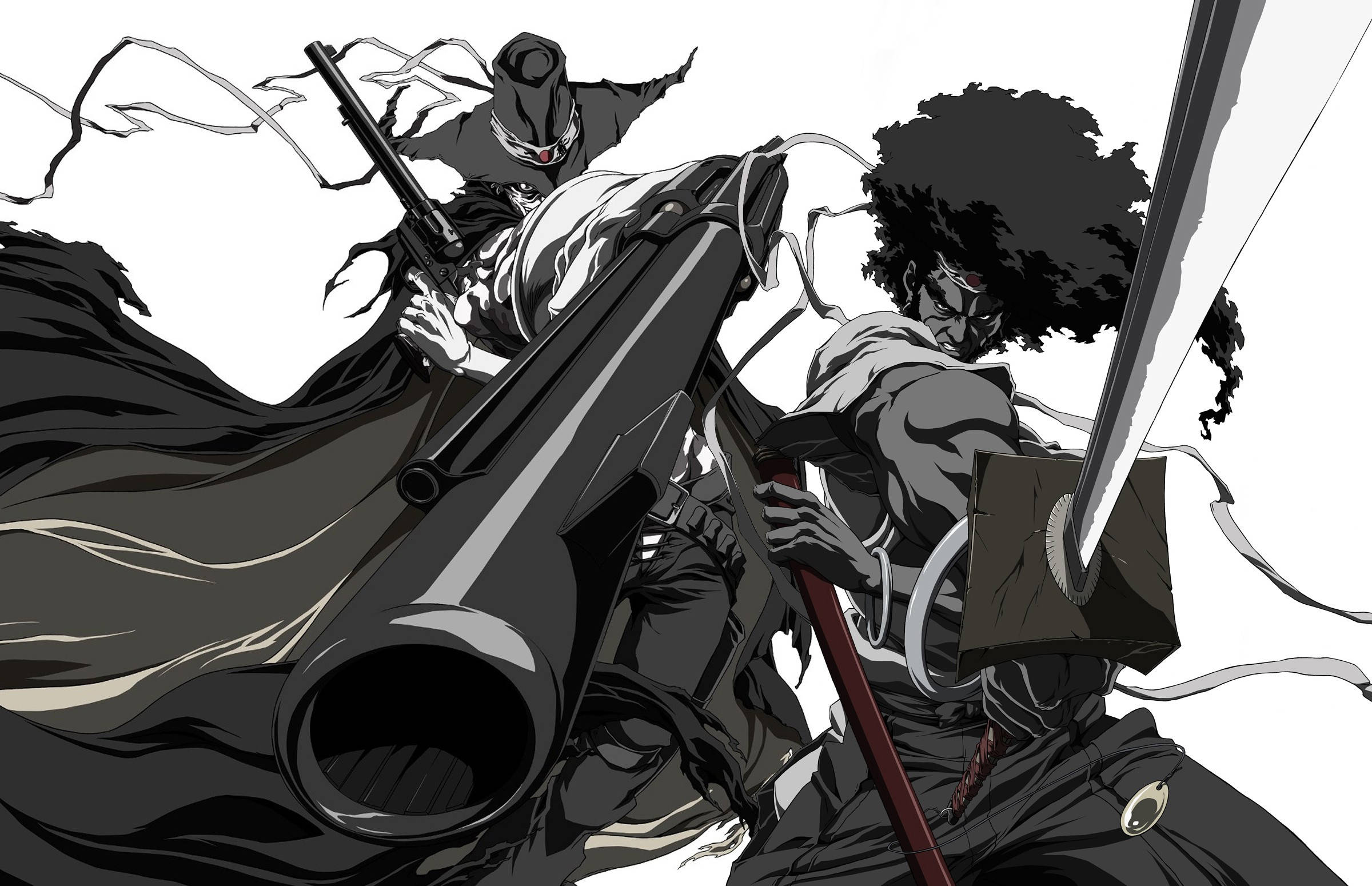 anime samurai, black and white battle scene, flowing capes, Full HD Desktop Wallpaper