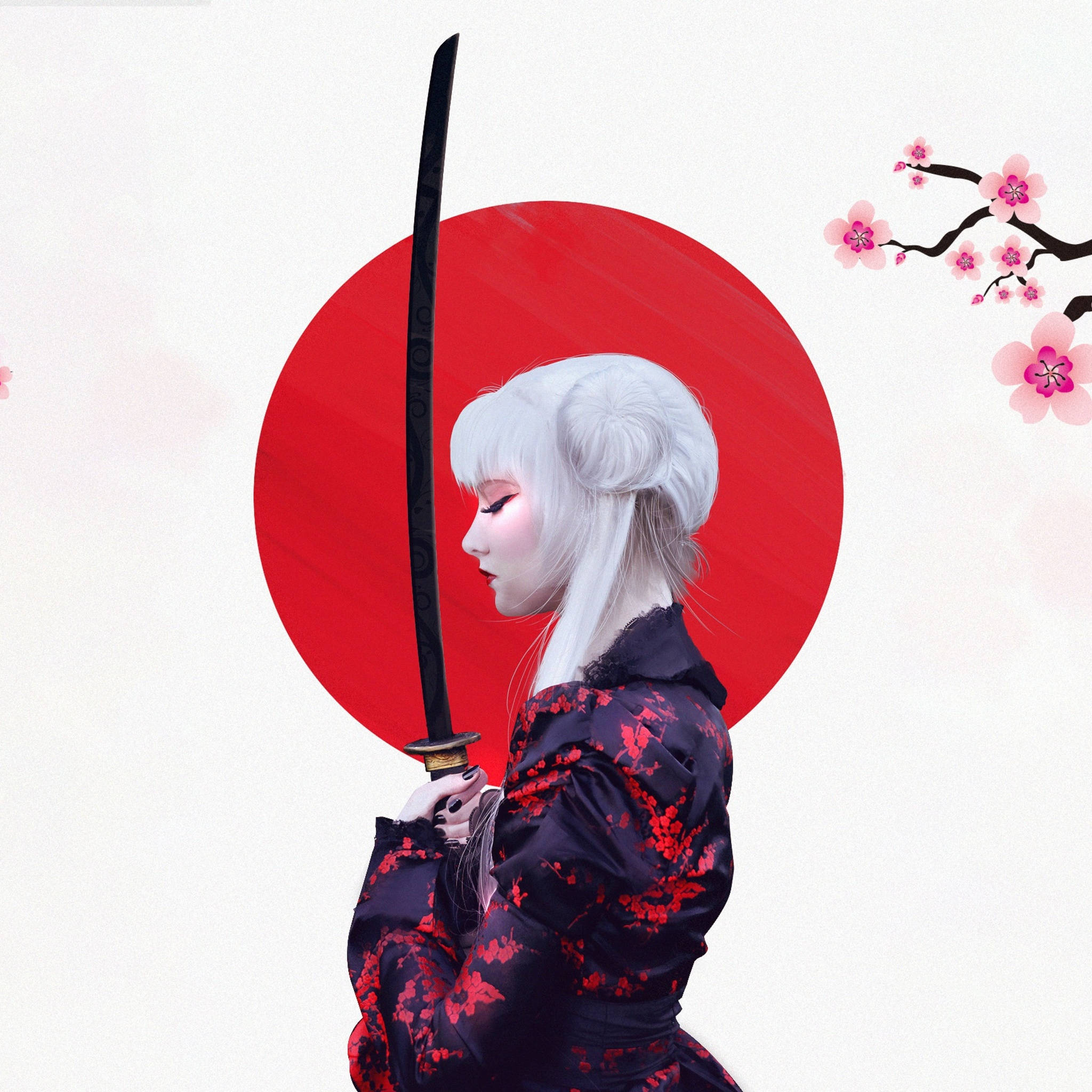 Anime Samurai, samurai woman, white hair, Full HD Desktop Wallpaper