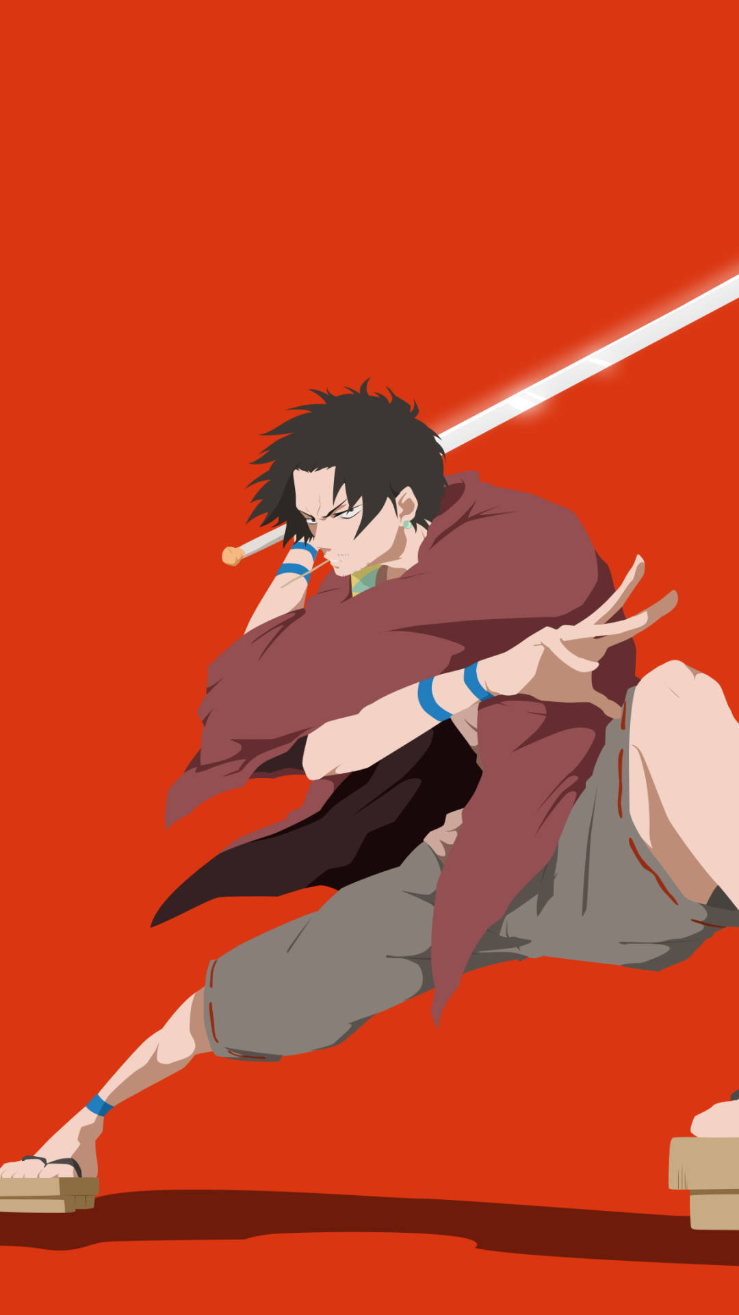 Anime Samurai, red robe, vivid orange background, Full HD Phone Wallpaper