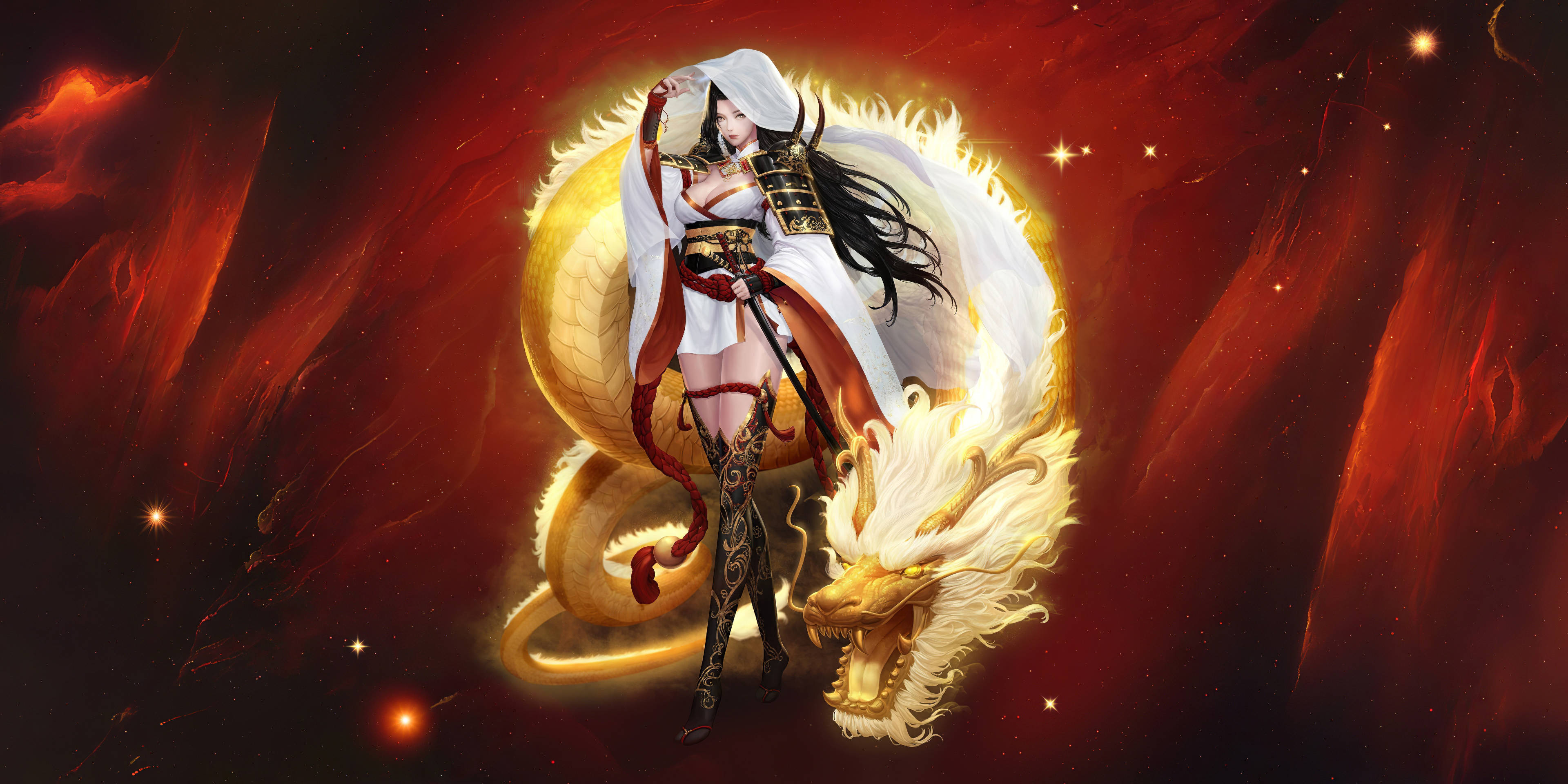 warrior woman, white and gold armor, glowing white dragon, 4K Desktop Wallpaper