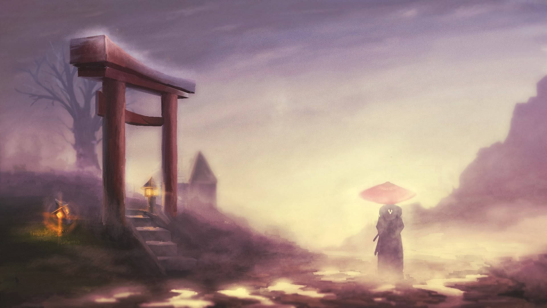 anime samurai, red umbrella, misty purple dawn, Full HD Desktop Wallpaper