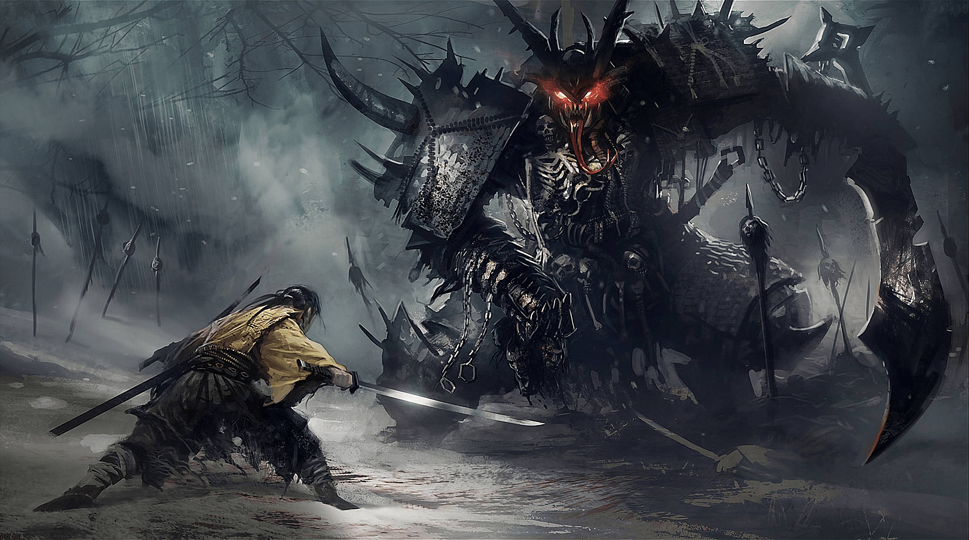 Anime Samurai, yellow armor, spiked demon, Full HD Desktop Wallpaper