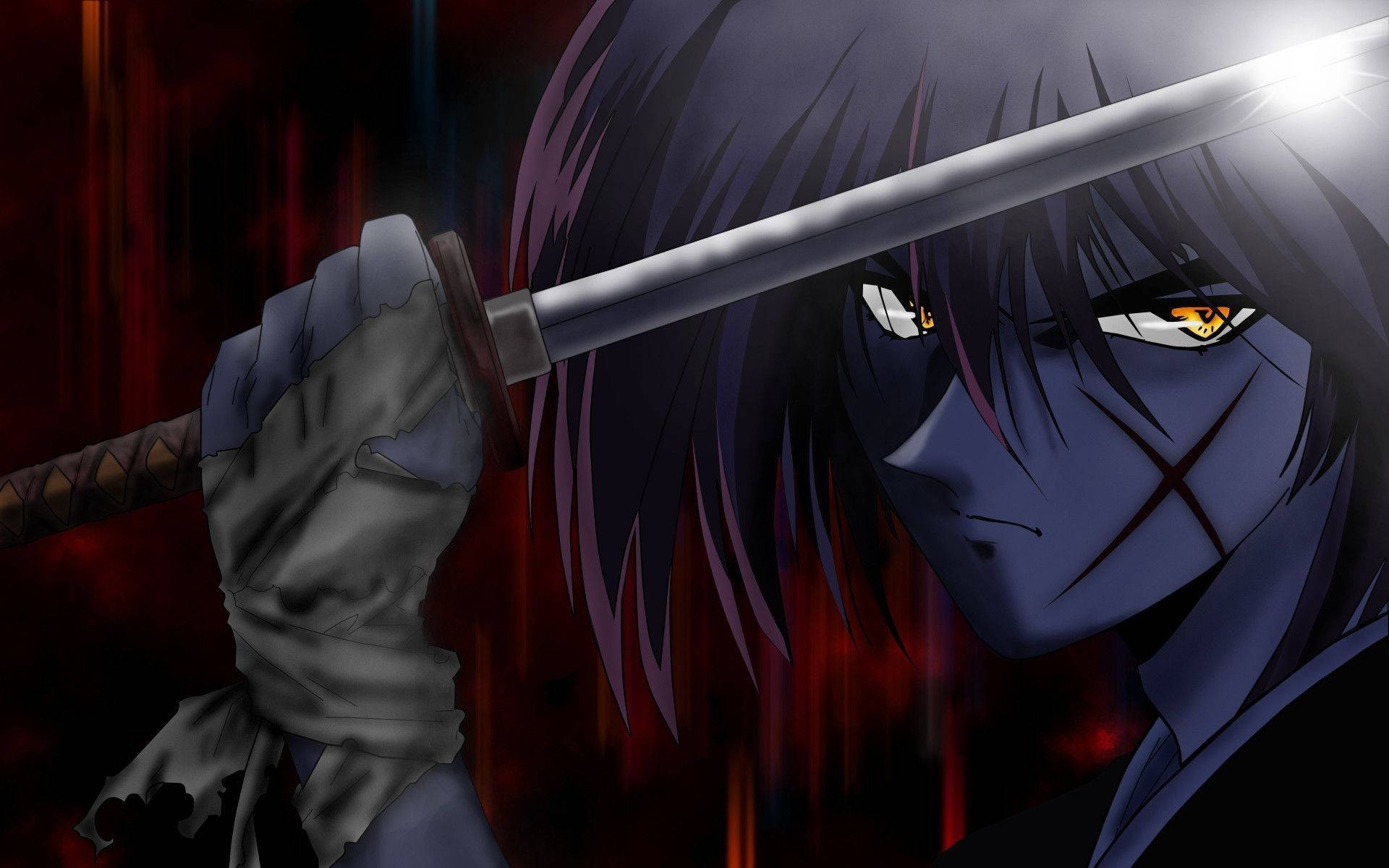 Anime Samurai, dark-haired, glowing amber eyes, Full HD Desktop Wallpaper