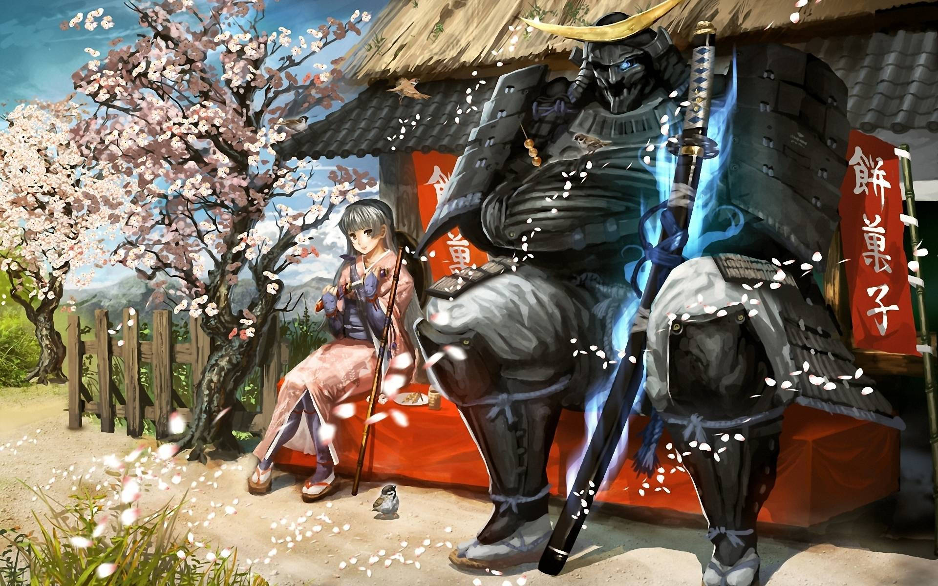 Anime Samurai, samurai in full armor, young girl, Full HD Desktop Wallpaper