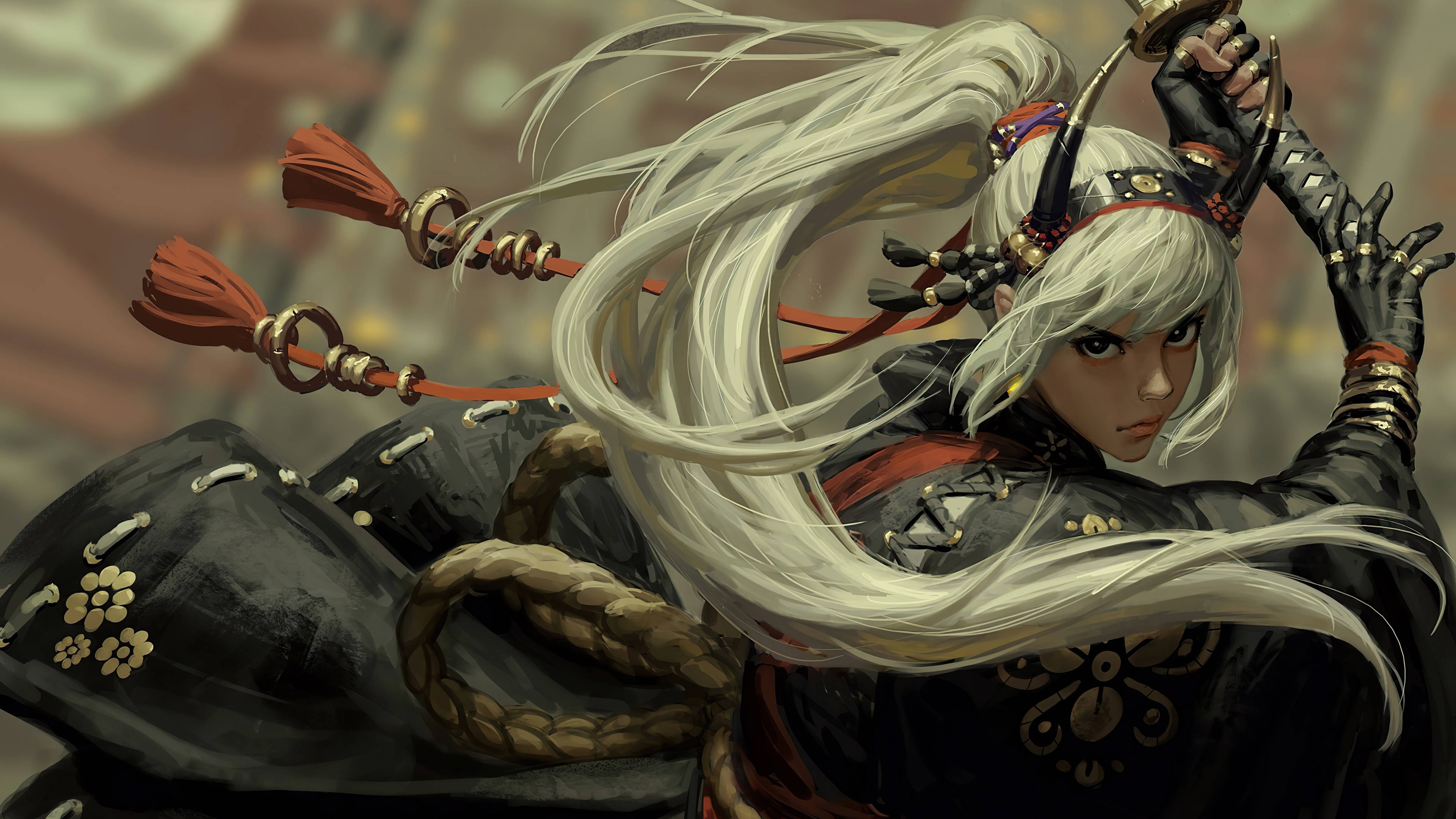 Anime Samurai, white hair, black armor, 4K Desktop Wallpaper
