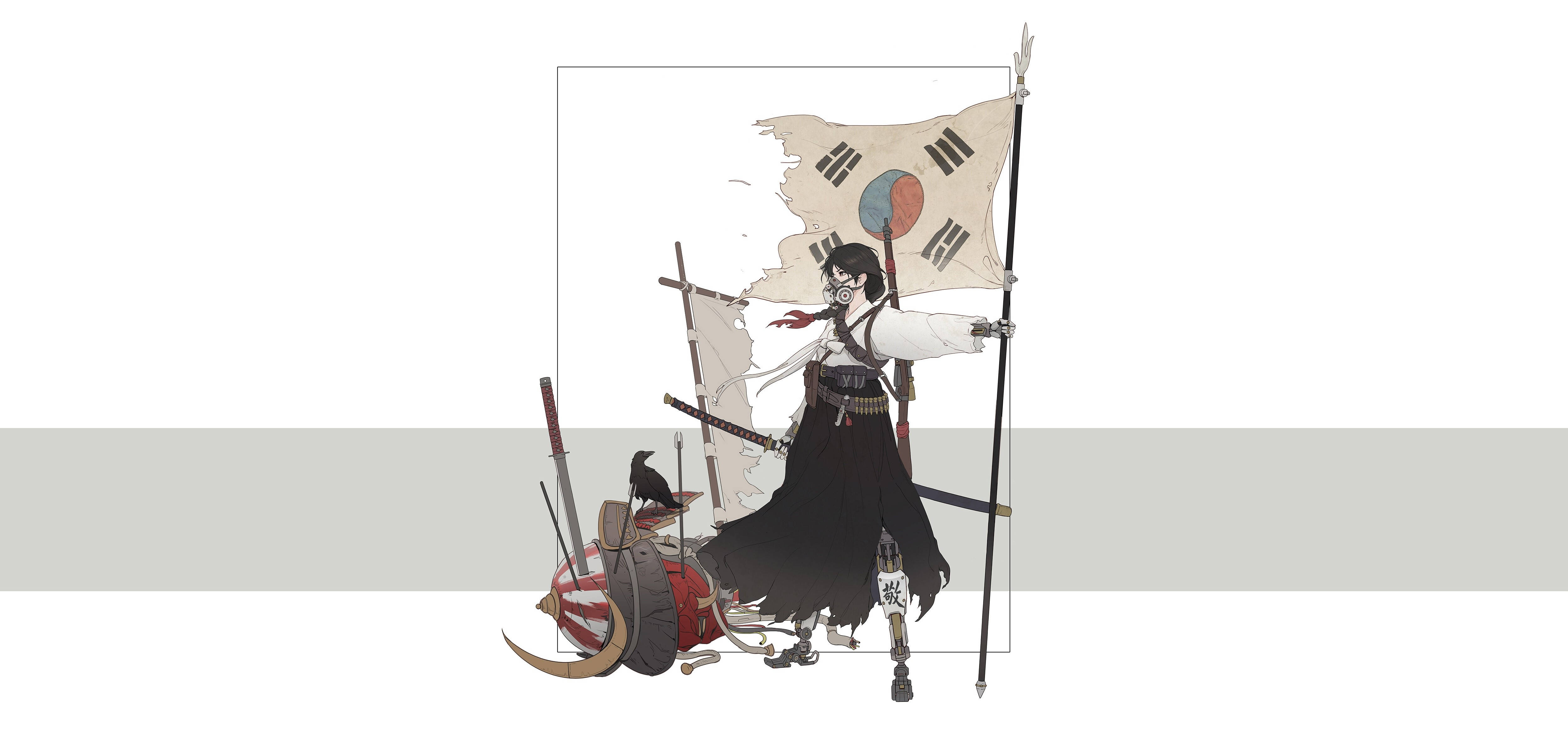 anime warrior, traditional Korean attire, tattered South Korean flag, 4K Desktop Wallpaper