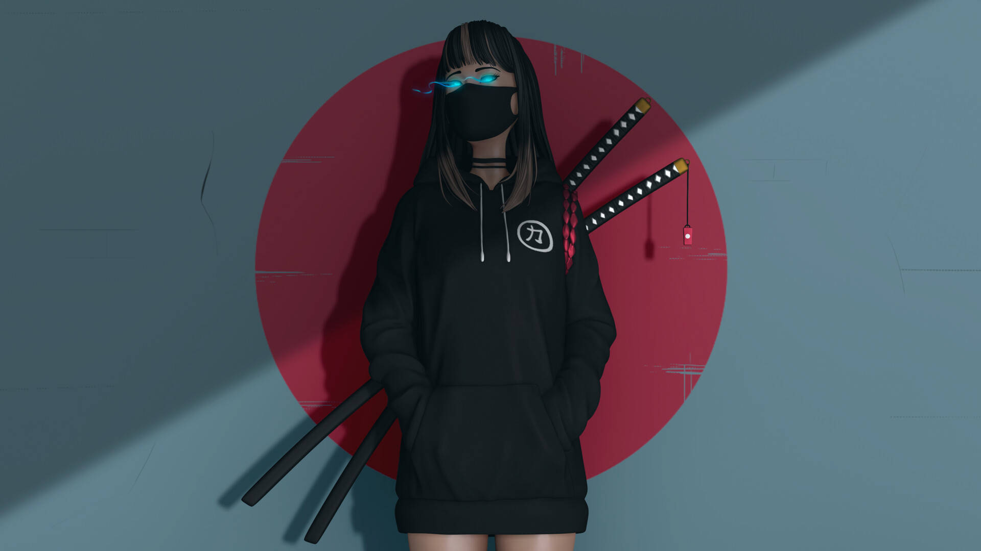 anime samurai, masked anime girl, black hoodie, Full HD Desktop Wallpaper