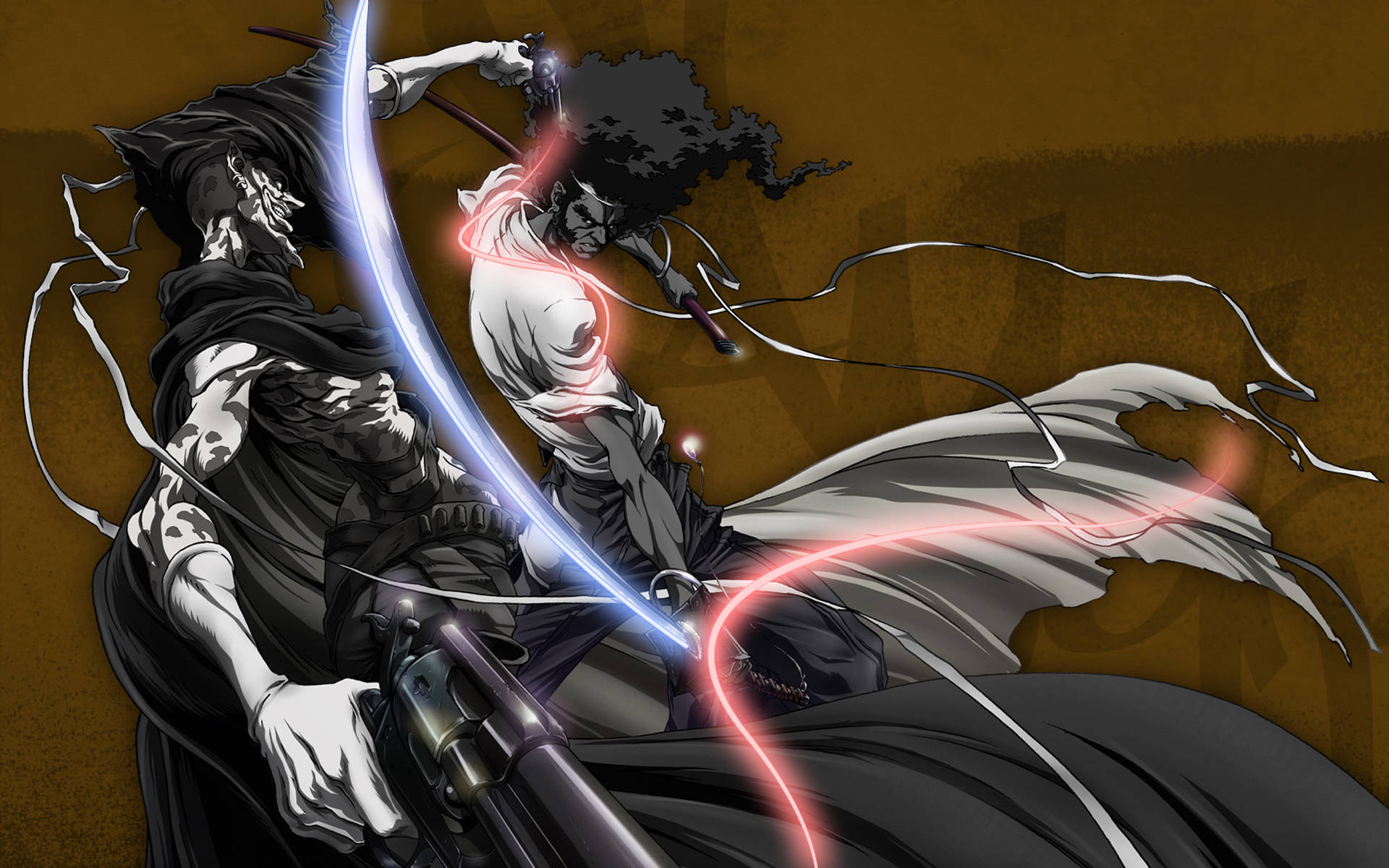 Anime Samurai, glowing blades, textured brown background, Full HD Desktop Wallpaper
