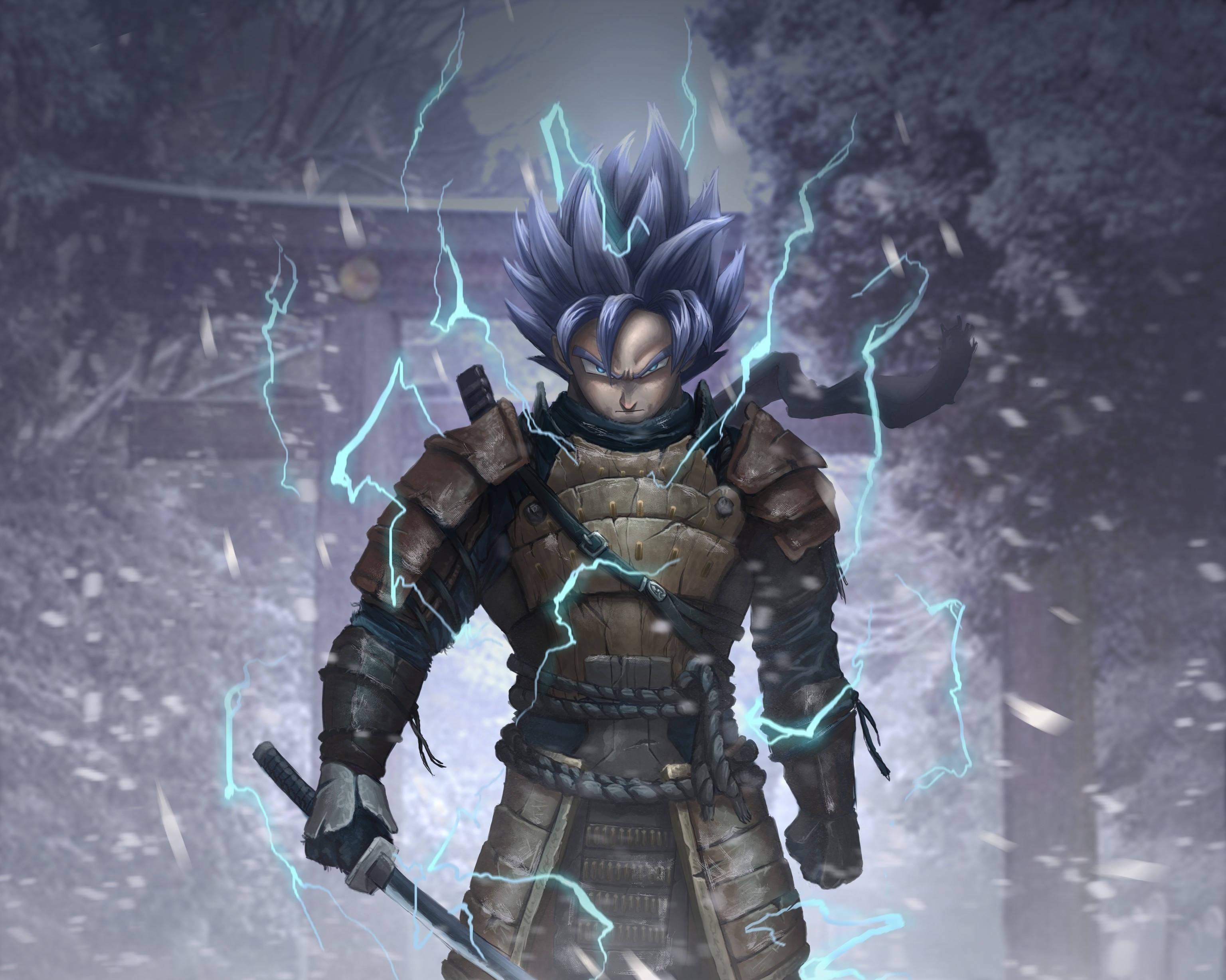 blue-haired warrior, samurai armor, falling snow, 2K Desktop Wallpaper