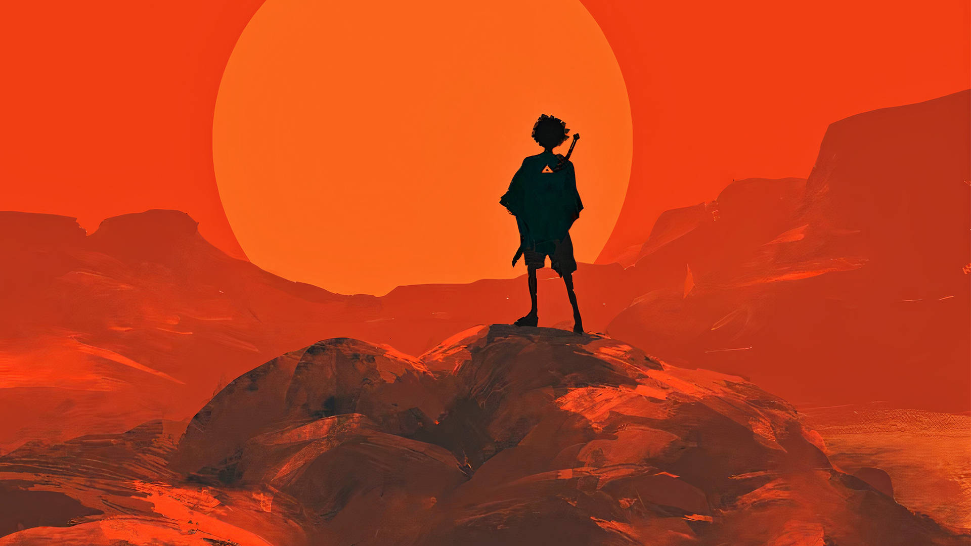 Anime Samurai, rocky peak, glowing orange sun, Full HD Desktop Wallpaper