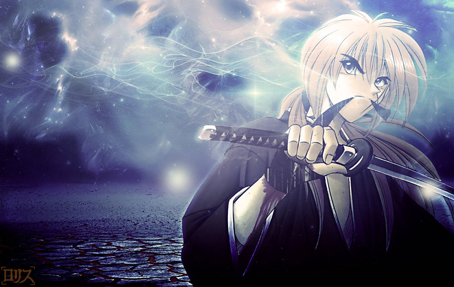 anime samurai, katana, cosmic starfield, HD Desktop Wallpaper